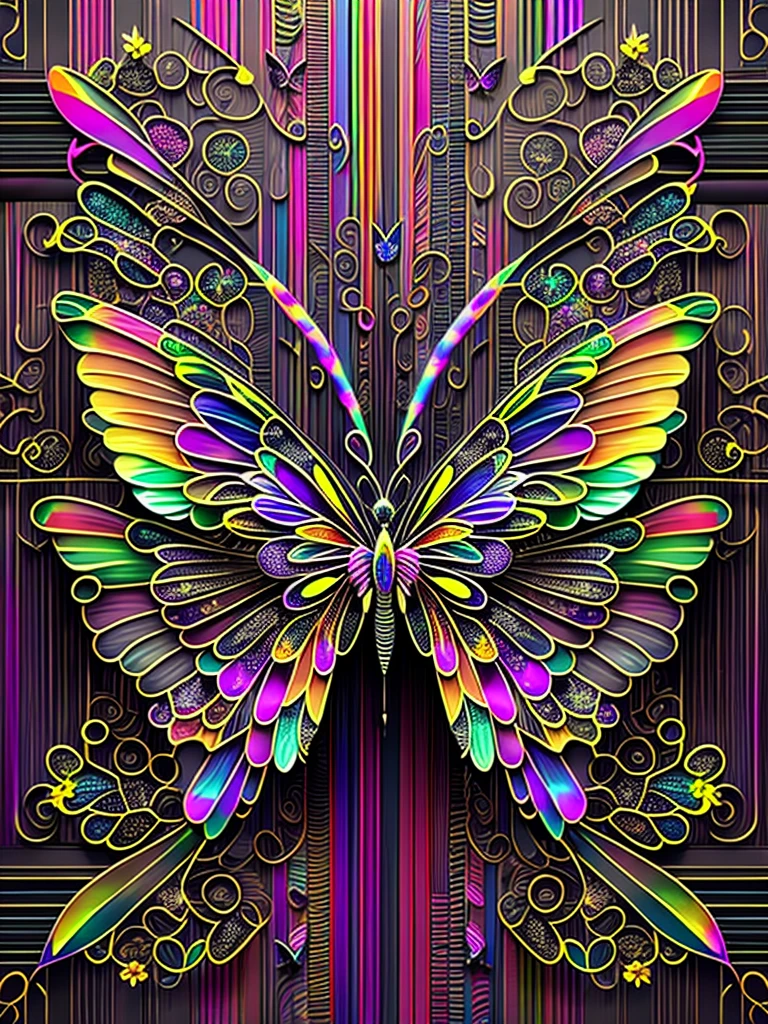 pixel sorted,Futuristic fantasy butterfly,Sci-fi butterflies,Futuristic butterflies,Mechanical butterfly,Fly petals,Metal polished mechanical butterfly painting on black background,Rainbow with neon wings,Form different structures, stunning render, Magical rainbow elements,Brilliant circular rainbow composition,symetrical composition,Alone, Beautiful symmetry, Symmetrical wings, magnificent art, Symmetrical wings, Detailed digital art