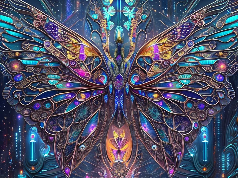 (Best quality)),Magnificent space image scene,ultra-realistic realism, super detailing, Acura, Best quality, hyper HD, tmasterpiece, Anatomically correct, A high resolution, 16k,Futuristic fantasy butterfly,Sci-fi butterflies,Futuristic butterflies,Mechanical butterfly,Futuristic jungle background,Verbose mode,Intricate patterns,Colorful wings,glowing wings,Neon wings,Huge butterfly wings,Extraterrestrial mechanical structures,Fantasy technology art style, Future fantasy art performance, Epic mechanical fantasy digital art style,