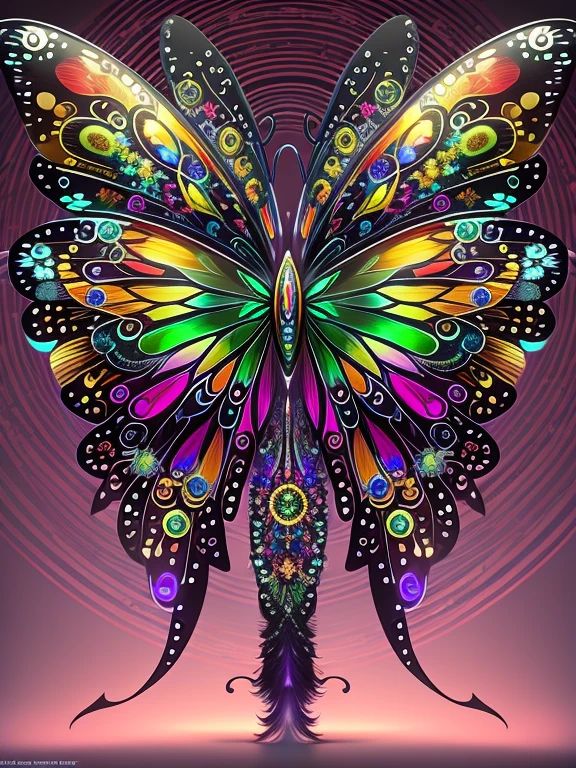 pixel sorted，Futuristic fantasy butterfly，Sci-fi butterflies，Futuristic butterflies，Mechanical butterfly，Fly petals，Metal polished mechanical butterfly painting on black background,Rainbow with neon wings，Form different structures， stunning render, Magical rainbow elements,Brilliant circular rainbow composition，symetrical composition，Alone， Beautiful symmetry, Symmetrical wings, magnificent art, Symmetrical wings, Detailed digital art