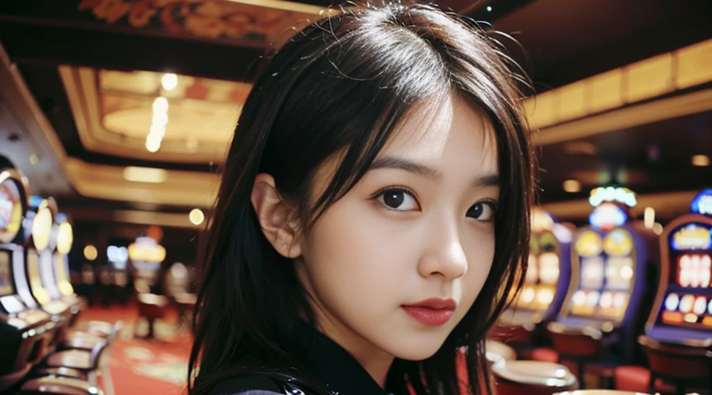 bestquality, masterpiece, ultra-high resolution, (Realistic: 1.4), Original photo, wallpaper, head portrait, Skin, simple background, Black eyes, detaild, Selfie, 1 girl, age is 18 years old, breeze, sunlight, class room, problem,(Random background,In casinos,VIP casino room, Modern Casino Console, Modern Slot Machines )