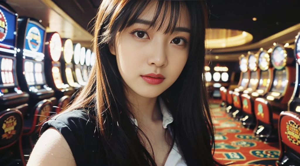 bestquality, masterpiece, ultra-high resolution, (Realistic: 1.4), Original photo, wallpaper, head portrait, Skin, simple background, Black eyes, detaild, Selfie, 1 girl, age is 18 years old, breeze, sunlight, class room, problem,(Random background,In casinos,VIP casino room, Modern Casino Console, Modern Slot Machines )