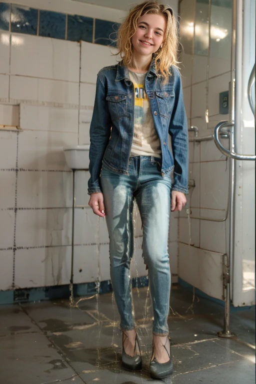 (tall thin attractive European woman standing in a new bathroom), (((light blue skinny jeans))), (mint green blouse), black belt, (white high heels), (((bright lighting))), (((show heels))), (short curly red hair), blue eyes, inviting smile, carnal, peeing her jeans, jeans wet with pee down the legs, pee, peeing, self wetting, wetting self, shoes wet with pee, shoes filled with pee, standing in puddle of pee, thighs wet with pee, (shins wet with pee), ((jeans are shiny wet with pee)), jeans legs wet with pee, front pockets wet with pee, (pee following folds on front of jeans), ((jeans legs really soaked in pee)), pee spreading down legs, pee spreading on shins, ((pee stains are dark blue)), ((jeans soaked in piss below the knee)), ((bright lighting))