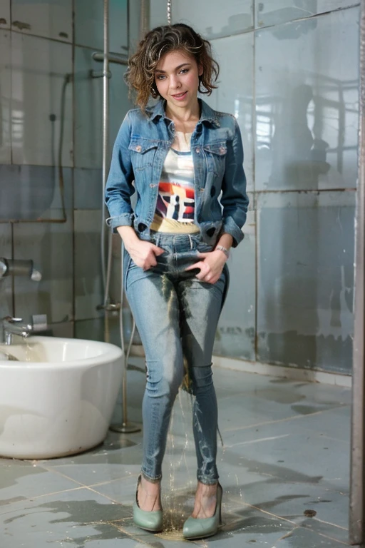 (tall thin attractive European woman standing in a new bathroom), (((light blue skinny jeans))), (mint green blouse), black belt, ((stiletto heel boots)), (((bright lighting))), (((show boots))),  (short curly red hair), blue eyes,  inviting smile, carnal, peeing her jeans, jeans wet with pee down the legs, pee, peeing, self wetting, wetting self, boots wet with pee, bots filled with pee, standing in puddle of pee, thighs wet with pee, (shins wet with pee), ((jeans are shiny wet with pee)), jeans legs wet with pee, front pockets wet with pee, (pee following folds on front of jeans), ((jeans legs really soaked in pee)), pee spreading down legs, pee spreading on shins, ((pee stains are dark blue)), ((jeans soaked in piss below the knee)), ((bright lighting))