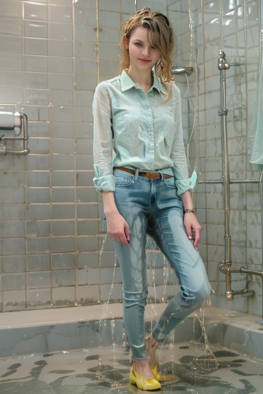 (tall thin attractive European woman standing in a new bathroom), (((light blue skinny jeans))), (mint green blouse), black belt, (white high heels), (((bright lighting))), (((show heels))), (short curly red hair), blue eyes, inviting smile, carnal, peeing her jeans, jeans wet with pee down the legs, pee, peeing, self wetting, wetting self, shoes wet with pee, shoes filled with pee, standing in puddle of pee, thighs wet with pee, (shins wet with pee), ((jeans are shiny wet with pee)), jeans legs wet with pee, front pockets wet with pee, (pee following folds on front of jeans), ((jeans legs really soaked in pee)), pee spreading down legs, pee spreading on shins, ((pee stains are dark blue)), ((jeans soaked in piss below the knee)), ((bright lighting))