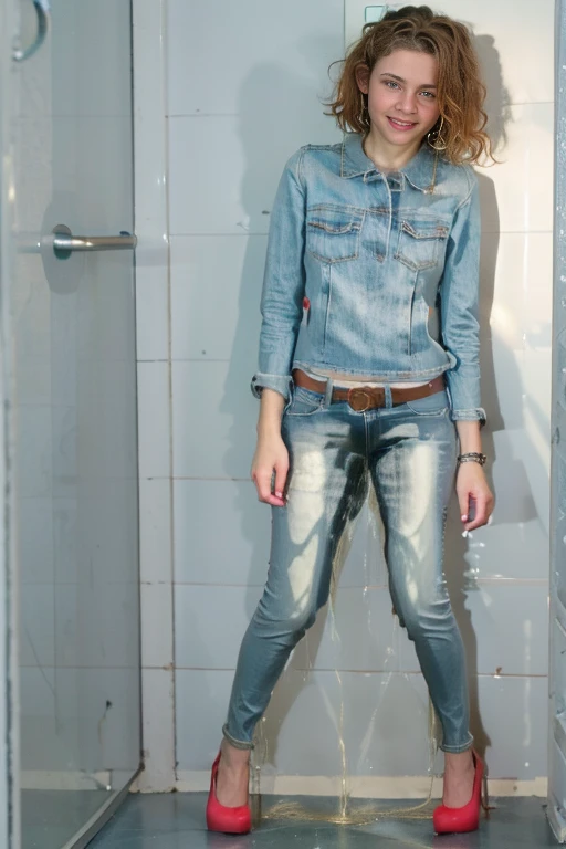 (tall thin attractive European woman standing in a new bathroom), (((light blue skinny jeans))), (mint green blouse), black belt, (white high heels), (((bright lighting))), (((show heels))), (short curly red hair), blue eyes, inviting smile, carnal, peeing her jeans, jeans wet with pee down the legs, pee, peeing, self wetting, wetting self, shoes wet with pee, shoes filled with pee, standing in puddle of pee, thighs wet with pee, (shins wet with pee), ((jeans are shiny wet with pee)), jeans legs wet with pee, front pockets wet with pee, (pee following folds on front of jeans), ((jeans legs really soaked in pee)), pee spreading down legs, pee spreading on shins, ((pee stains are dark blue)), ((jeans soaked in piss below the knee)), ((bright lighting))