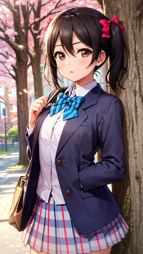 masterpiece, best quality, 1girl,yazawa nico,, black hair, short hair twintails, red eyes, small breast, small bow ribbon, (kirt, bow,, jacket, , bowtie, blue bow, blazer, winter uniform, blue bowtie, otonokizaka school uniform, outdoors, standing under a tree, valantines day, giving chocolate