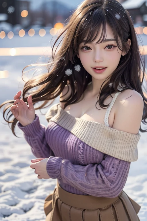 masutepiece, 超A high resolution, (Photorealistic:1.4), 8K, Raw photo, Best Quality, detailed shadow, Best Quality, amazing, finely detail, Official art, absurderes, Soft lighting, Sharp Focus, (Bokeh:0.5), Light from the front, bloom, Cinematic lighting, Light on Face, (Cowboy Shot:1.5),1girl in, (huge-breasted:1), (cleavage:1), (Light brown medium hair:1.4), (Bangs:1), Very cute, (narrow weist:1.8), (Abs:0.7), (age:1),(鎖骨:1), (skinny:1.2), (Japanese face:1.2), (wide forehead:1.3), (Fair skin:1.5), (Transparent skin:1.5),(Japanese ido:1.5), (kawaii:1.5), ((Purple:1.3)Off-shoulder knit sweater:1.5), (Black tights:1.3), ((Light brown)Mini skirt:1.5), (Laugh:1.6),(snow field:1.5), (Be in the spotlight:1.5), (Horizon:1.3), Winters,Photorealistic,length hair、thick lip、with round face