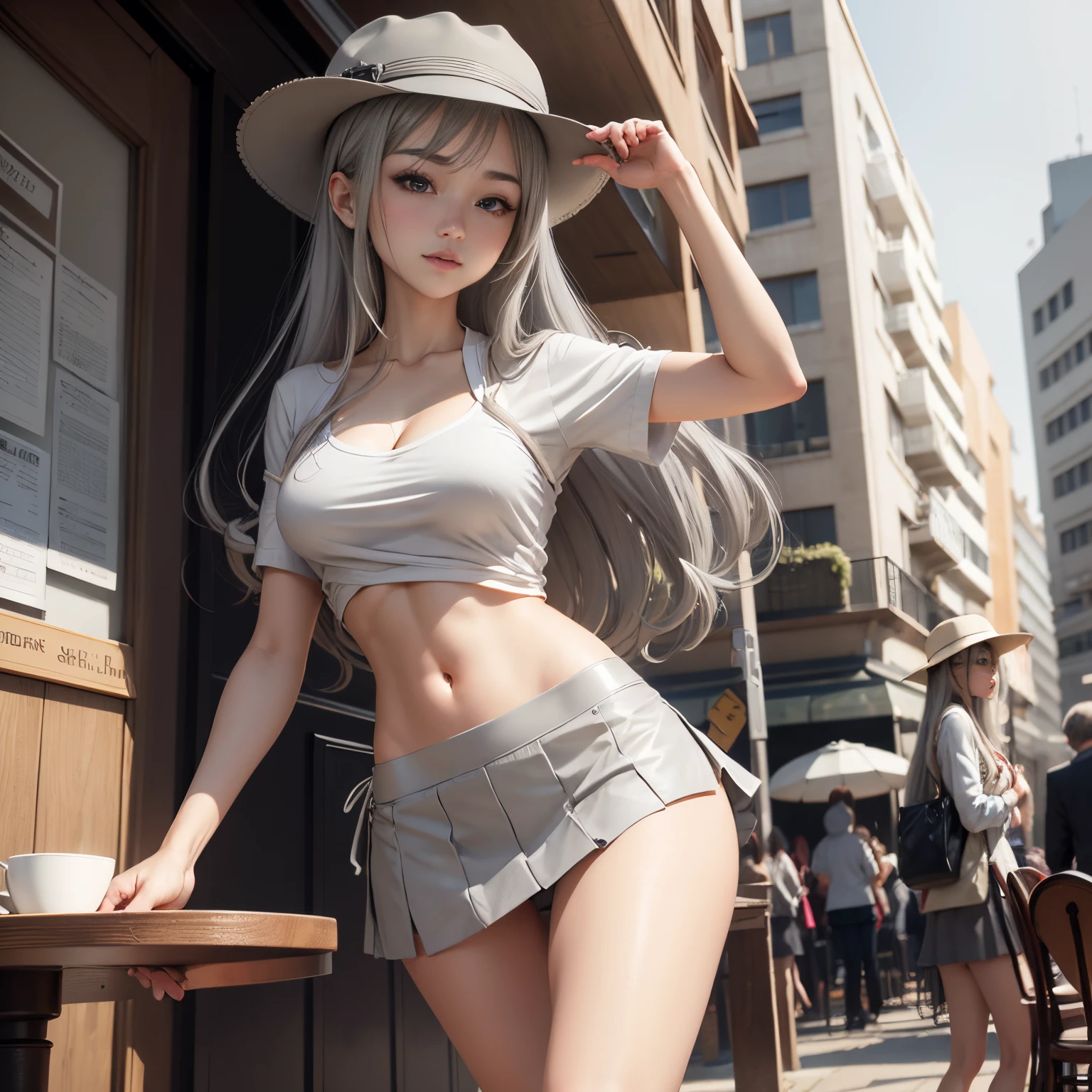 masutepiece, High quality, Best Quality, Beautiful, hard disk, Perfect Lighting, Detailed face, Detailed body, 1 girl, Solo, (Long gray hair), Brown eyes, medium breasts, ((White underwear)), ((Short skirt in grey)), (Gray hat), In front of the café,