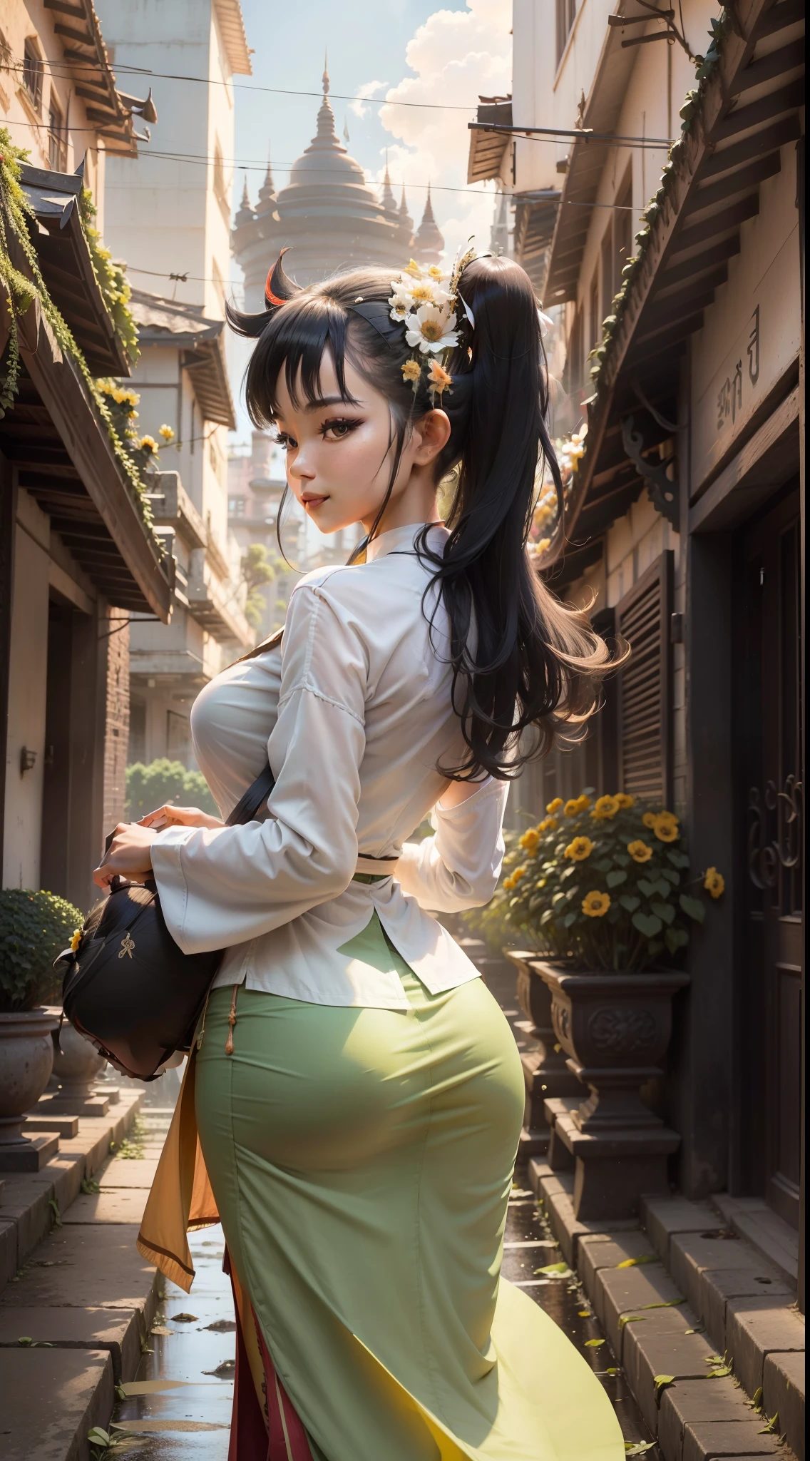 foreground:1woman, Burmese green clothes, Sexy figure, Photography from behind, review, ssmile, black hair flying, Background with:Bagan-style street, Both sides are full of flowers, low angle shot, hyper photorealism, 电影灯光...