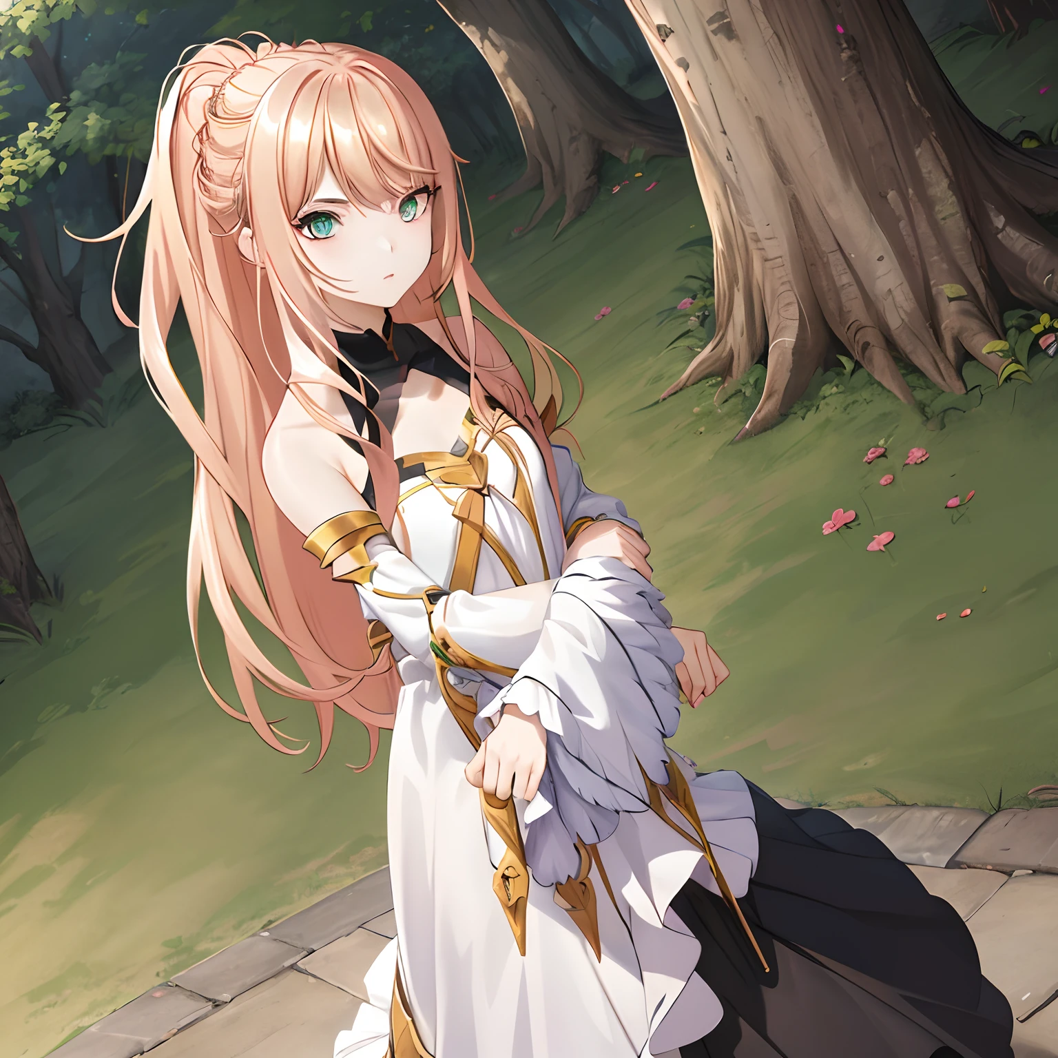 1girl, alone,
lexia von arselia, long hair, blonde hair, (green eyes:1.5), ponytail, pink hair,
BREAK dress, bare shoulders, detached sleeves, white dress,
BREAK looking at viewer, full body,
BREAK outdoors, forest, nature,
BREAK (masterpiece:1.2), best quality, high resolution, unity 8k wallpaper, (illustration:0.8), (beautiful detailed eyes:1.6), extremely detailed face, perfect lighting, extremely detailed CG, (perfect hands, perfect anatomy),