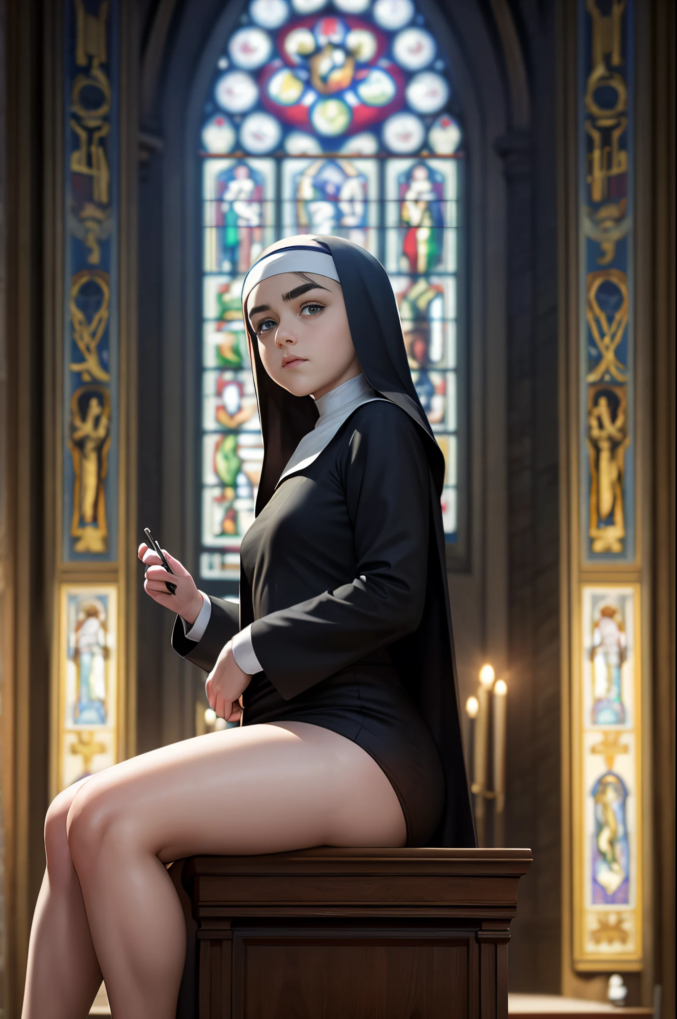 Maisie Williams, masterpiece quality, (masterpiece quality:1.5), realistic, inside catholic cathedral, church altar in background, church parishoners sitting in background, wearing nun habit, wearing nun outfit, small breasts, sexy pose