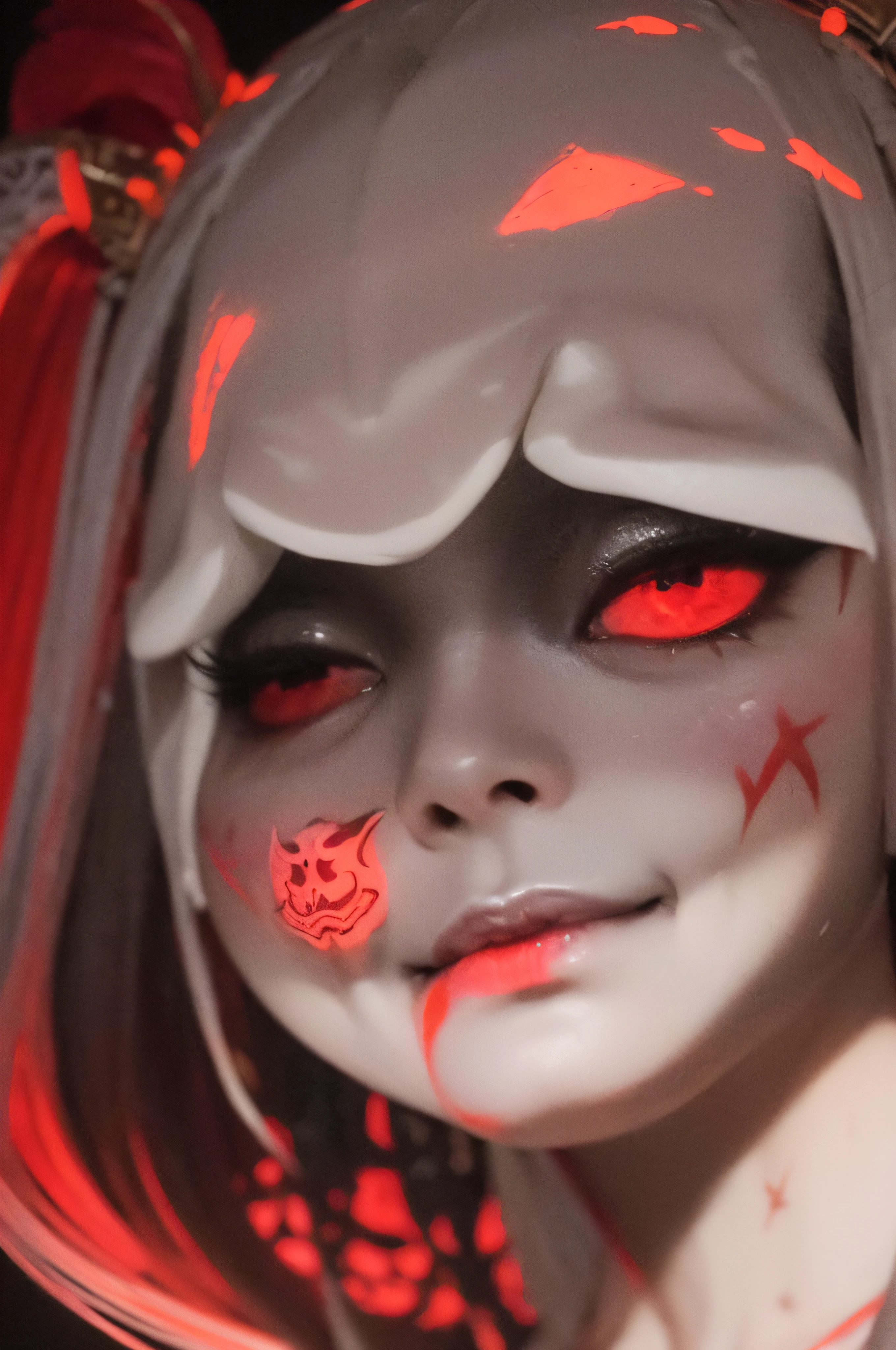 "(The best lighting, oscuro, dramatic),(feto calavera geisha escupiendo tinta roja, Cicatrices, sexy, cerebro, sangre, una rata dentro de la cabeza, terror.),(ojos rojos, calaveras). volumetric light.