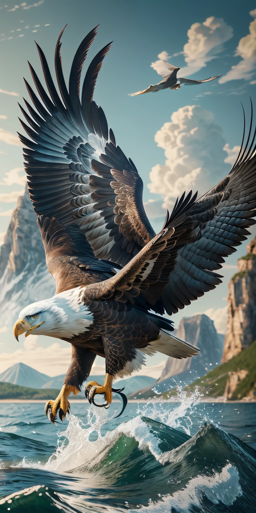 an eagle hunting a fish on sea, incredible, very detailed, photorealistic, a beautiful painting of Leonardo da Vinci style, highly detailed and intricate, hyper realistic, 3D render, octane render, 8K, HD, Trending on artstation --auto --s2