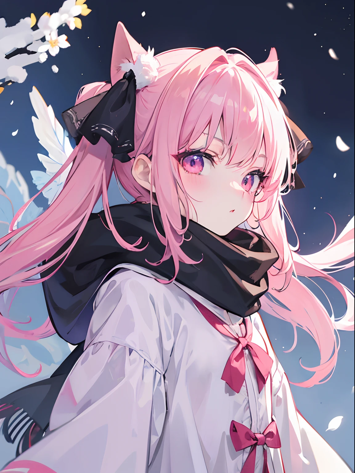 masutepiece, Highest Quality, (Perfect face:1.1), (high detailing:1.1), (ultradetailed eyes), Dramatic, superfine illustration, Extremely detailed, 1girl in, (pale skin), ^_^, gloweyes,pinkhair, Ethereal eyes, (light eyebrow), Troubled face,blush, Solo, (Twin-tailed), Pouty lips,Cinematic lighting, Looking at Viewer,Cowboy Shot,ta clothes, scarf, coat,frilld, bow ribbon, Pink,Park, Snow,from side