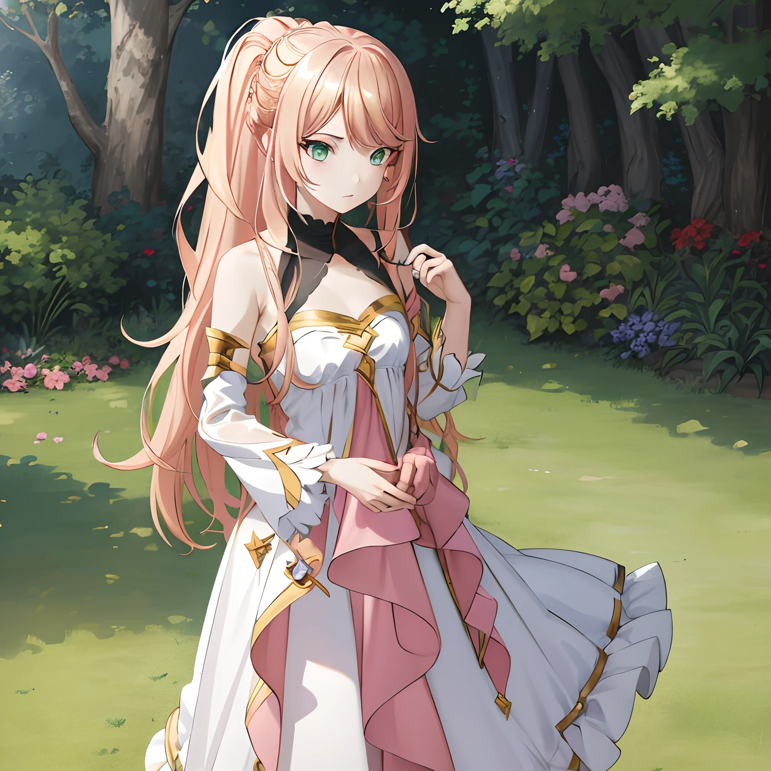 1girl, alone,
lexia von arselia, long hair, blonde hair, (green eyes:1.5), ponytail, pink hair,
BREAK dress, bare shoulders, detached sleeves, white dress,
BREAK looking at viewer, full body,
BREAK outdoors, forest, nature,
BREAK (masterpiece:1.2), best quality, high resolution, unity 8k wallpaper, (illustration:0.8), (beautiful detailed eyes:1.6), extremely detailed face, perfect lighting, extremely detailed CG, (perfect hands, perfect anatomy),