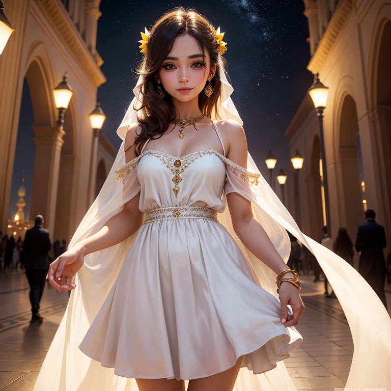 best quality, masterpiece, detailed, dreamland, fantasy, Arab world, night, glowing stars, milky way, crescent moon, yellow light, Dubai (1.2), city, sand, artificial lights, blue, red, yellow, white. woman, alluring, smiling, beauty, 20 years old, model, long hair, short hair, red_lips, brown_eyes, look at viewer, standing in front of Louvre in Dubai, simple white summer dress, modest, innocent look, hands together on top of each other, small breast, small simple rings, photo, realistic, best quality, hires, detailed face (1.1), glowing skins, dim light