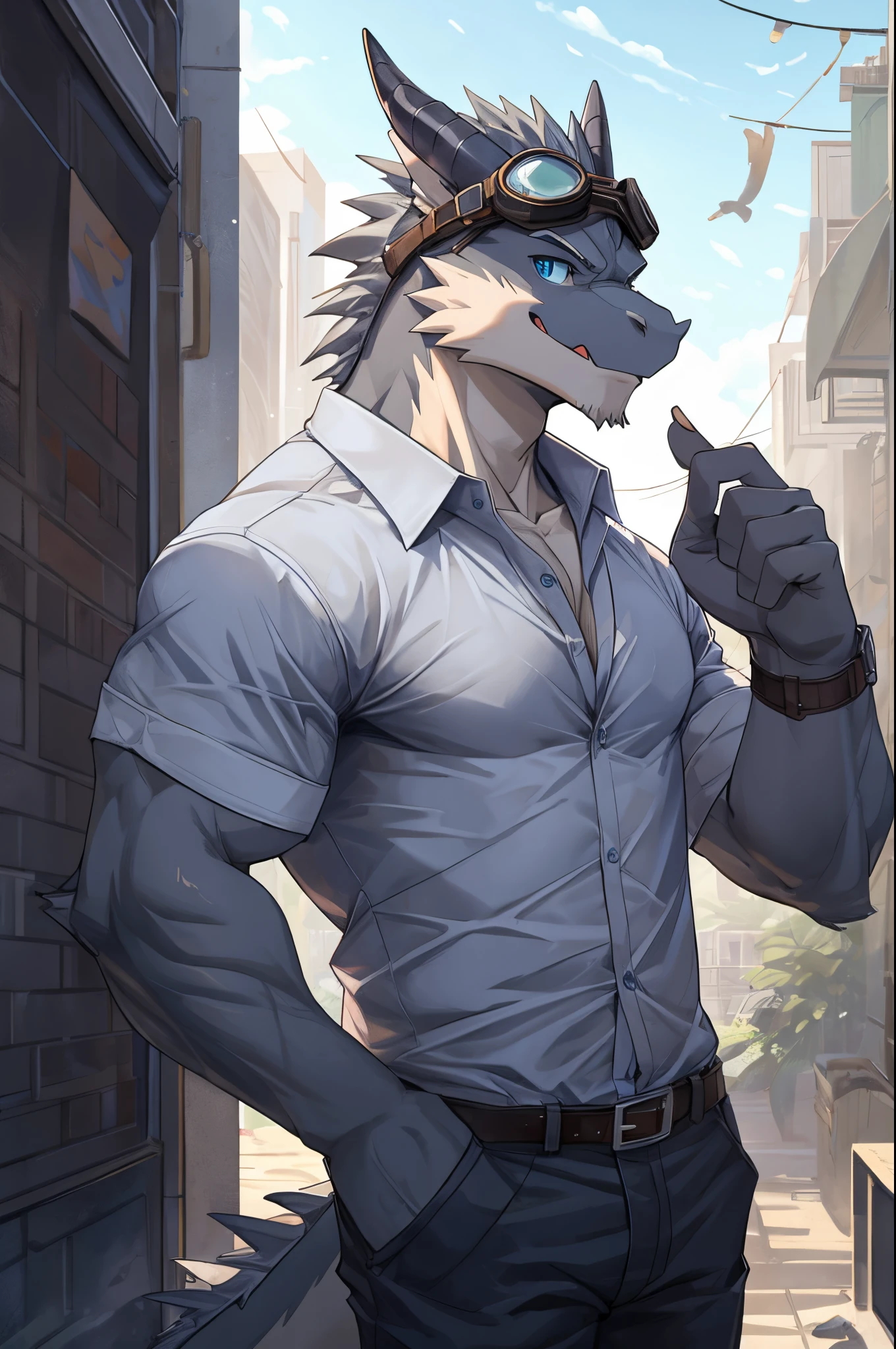 Masterpiece, Solo, Cool Pose, Furry Gray Dragon, Medium Muscular Body, Blue Eyes, Grey Medium Hair, Casual Shirt, Fierce, Manly, Veins, Goggles, Charming, Joy Expression, Good looking