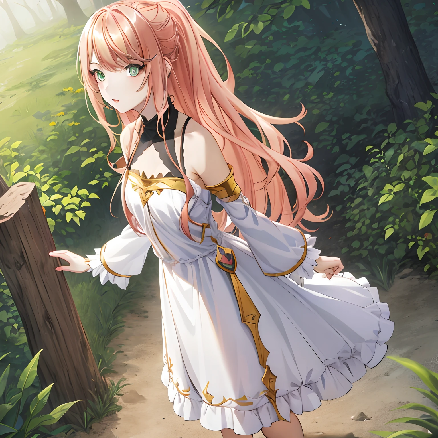 1girl, alone,
lexia von arselia, long hair, blonde hair, (green eyes:1.5), ponytail, pink hair,
BREAK dress, bare shoulders, detached sleeves, white dress,
BREAK looking at viewer, full body,
BREAK outdoors, forest, nature,
BREAK (masterpiece:1.2), best quality, high resolution, unity 8k wallpaper, (illustration:0.8), (beautiful detailed eyes:1.6), extremely detailed face, perfect lighting, extremely detailed CG, (perfect hands, perfect anatomy),