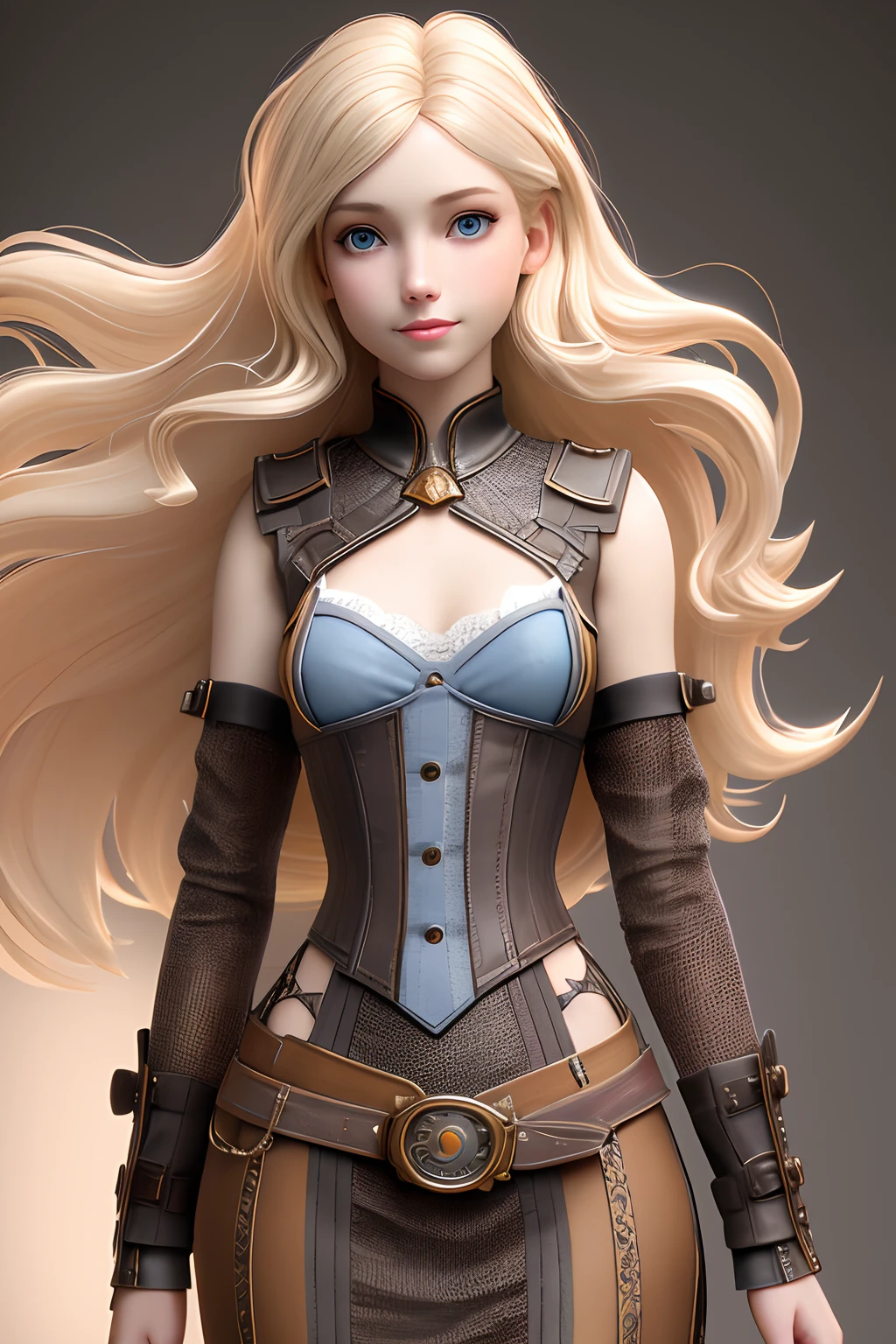 close up 1girl in, teenager, Solo, Aesthetic artwork, blond, straight blonde hair, super long blonde hair, light blue eyes, some small freckles, pale skin, A-cup, small breasts, runners body, (thin hips, thin waist: 1.25), detailed skin, shy smile, wearing a steampunk outfit with lace, leather corset, ornamental copper parts, portrait, blaster, (action shot dancing:1.2), 50mm, 4k textures, soft cinematic light, RAW intricate, elegant, highly detailed, sharp focus, ((((cinematic look)))), soothing tones, insane details, intricate details, hyperdetailed, low contrast, soft cinematic light, dim colors, exposure blend, hdr, faded