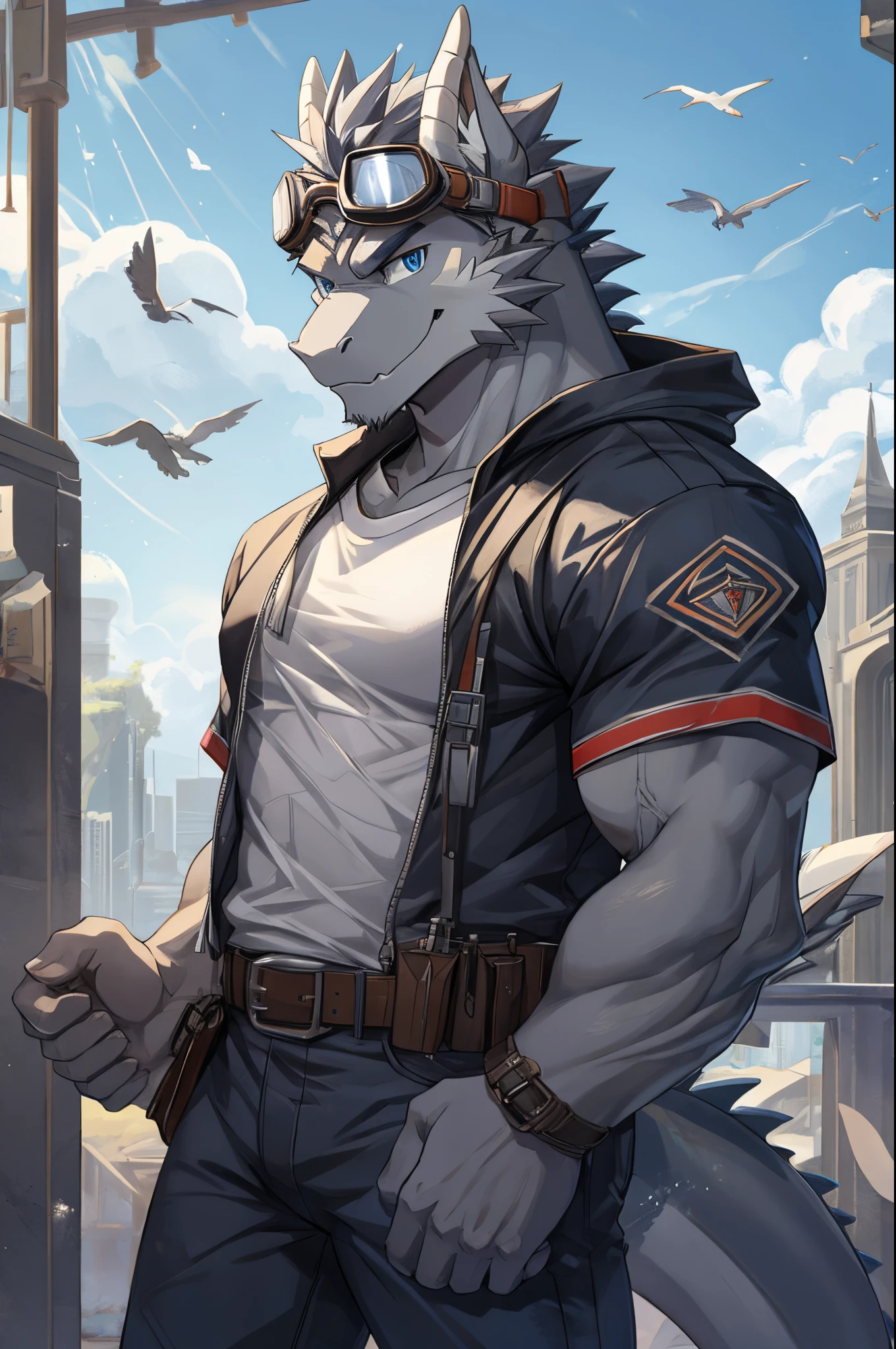 Masterpiece, Solo, Cool Pose, Furry Gray Dragon, Medium Muscular Body, Blue Eyes, Grey Medium Hair, Casual Shirt, Fierce, Manly, Veins, Goggles, Charming, Joy Expression, Good looking