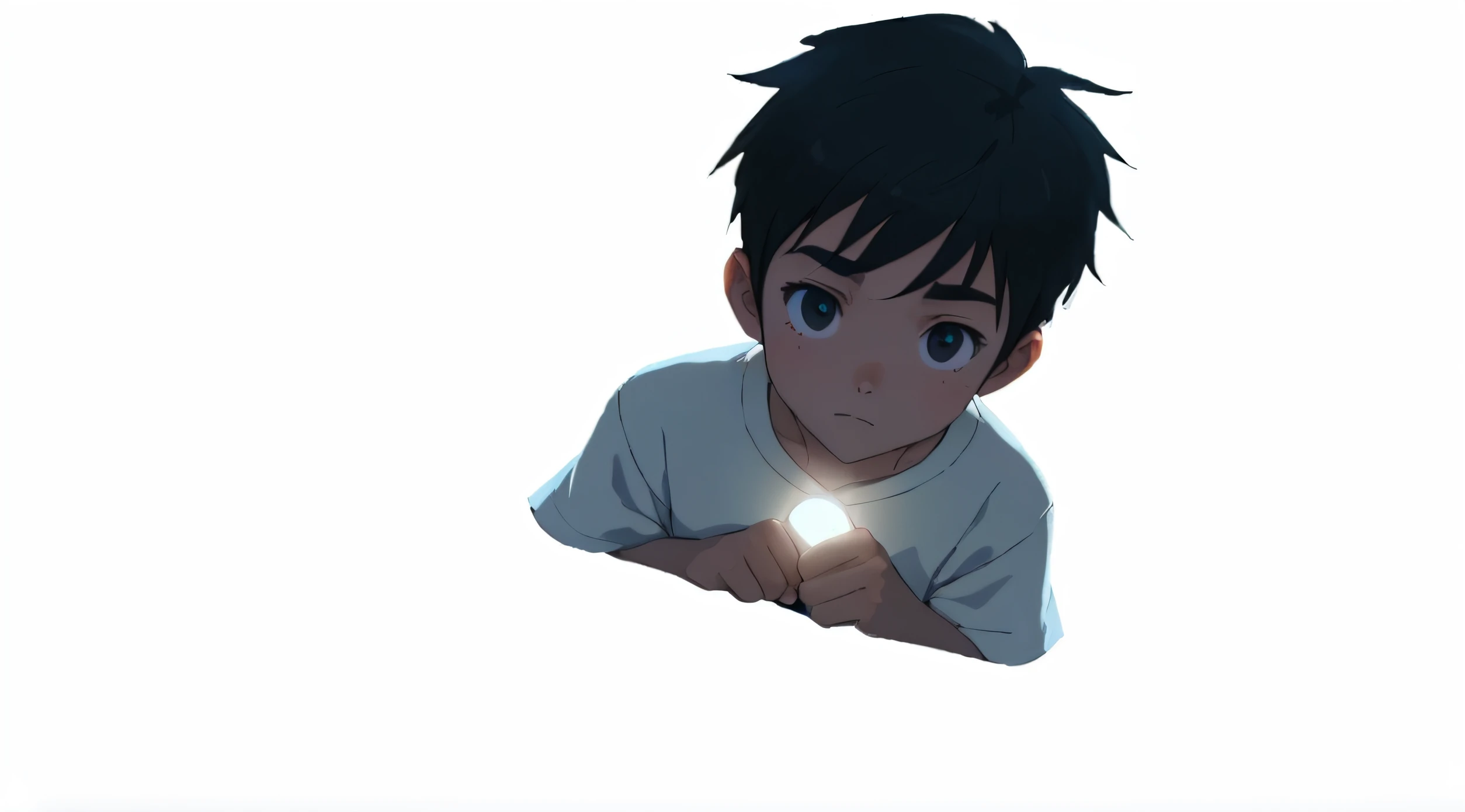 anime boy with a flashlight in his hand, luz sobre o menino, inspirado em Goro Fujita, luz noturna, Hiro, Shinji, Arte Oficial, Arte no estilo de Guweiz, Anime lighting, Mamoru Hosoda, ( ( Makoto Shinkai ) ), no filme de anime, Makoto Shinkai. digital render, por Shingei