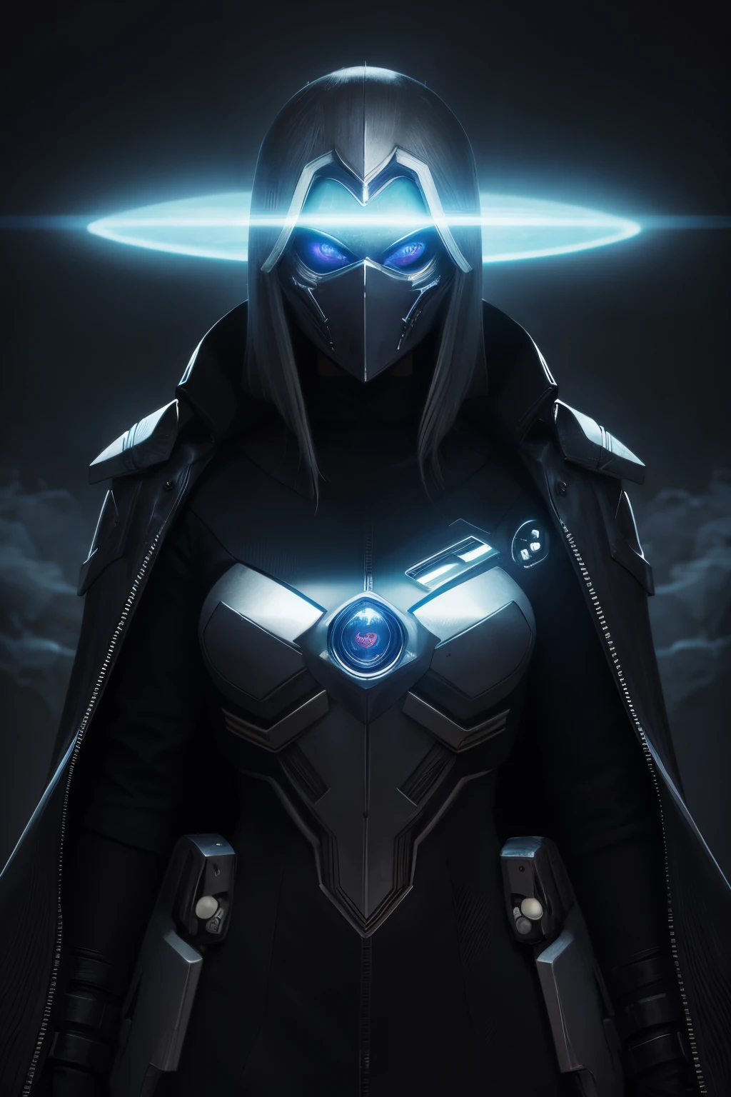 Woman in unique mask with cosmic eyes and futuristic overcoat, pose triunfante visto de baixo para cima, divine superior being with halo on simple smoky background, futuristic mask, estilo cyberpunk, Foto realista, 8k, 4k, extreme res, ultra high-resolution, dynamic  lighting, conquistador de mundos sobre uma pilha de morte