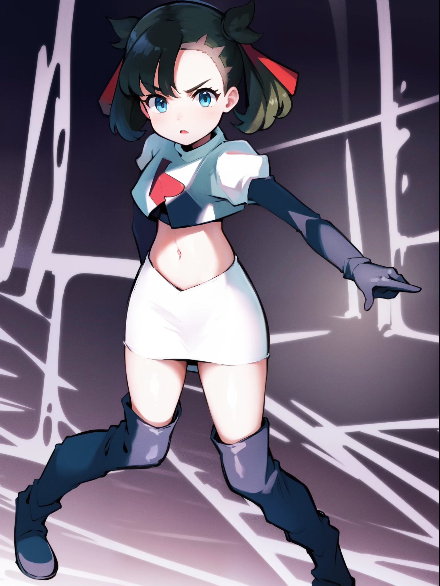 pokemonmarnie,team rocket,team rocket uniform,white skirt,crop top,black thigh-high boots,black elbow gloves,