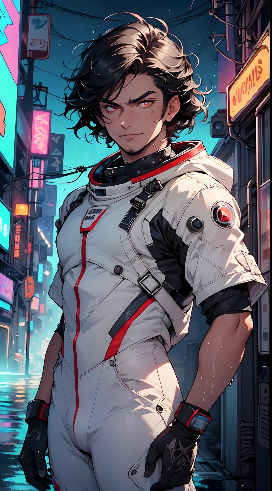 (man:1.5),1 man,space adventure man,(((1man))),
(((1male,man:1.5,handsome man,male,male gender:1.5,male focus))),macho man,
((large black hair,disheveled hair,red hair,black hair,two-tone hair,slicked hair)),(((lustrous skin:1.5,tanned skin,bright skin: 1.5,skin tanned,shiny skin,very shiny skin,shiny body,illuminated skin))),(((red_eyes:1.2))),intricate eyes,beautiful detailed eyes,symmetrical eyes,man chest,handsome face,((muscular,muscular man)),(((detailed face))),
alluring look,nsfw,
space suit pants,((bulge in pants)),((space suit outfit, red space suit,short sleeve spacesuit)),(wearing a space suit outfit:1.3,space suit clothes),((wet clothes,intricate outfit,intricate clothes)),
(dynamic pose:1.0),solo focus,((evil smile,evil look)),(centered,scale to fit dimensions,Rule of thirds),
cyberpunk city by the ocean at night, with bright neon signs and dark stormy clouds and puddles, scenery:1.25,nighttime, starry night, cosmos,Very dark night that makes the neon lights stand out, very bright neon lights,
artistic photography,(photography taken by sldr),highres, sharp focus,(ultra detailed, extremely detailed), (photorealistic artwork:1.37),(extremely detailed CG unity 8k wallpaper),((synthwave background theme)),(((vibrant colors))),intricate,(intricate background),(masterpiece),(best quality),photo realistic,analog style,((intricate detail)),(((realism))),