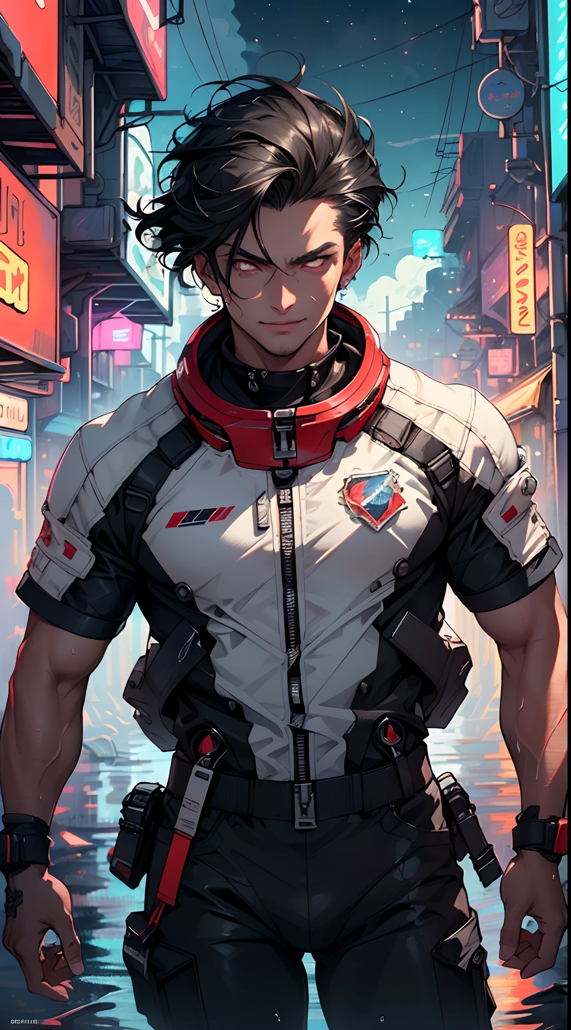 (man:1.5),1 man,space adventure man,(((1man))),

(((1male,man:1.5,handsome man,male,male gender:1.5,male focus))),macho man,

((large black hair,disheveled hair,red hair,black hair,two-tone hair,slicked hair)),(((lustrous skin:1.5,tanned skin,bright skin: 1.5,skin tanned,shiny skin,very shiny skin,shiny body,illuminated skin))),(((red_eyes:1.2))),intricate eyes,beautiful detailed eyes,symmetrical eyes,man chest,handsome face,((muscular,muscular man)),(((detailed face))),

alluring look,nsfw,

space suit pants,((bulge in pants)),((space suit outfit, red space suit,short sleeve spacesuit)),(wearing a space suit outfit:1.3,space suit clothes),((wet clothes,intricate outfit,intricate clothes)),

(dynamic pose:1.0),solo focus,((evil smile,evil look)),(centered,scale to fit dimensions,Rule of thirds),

cyberpunk city by the ocean at night, with bright neon signs and dark stormy clouds and puddles, scenery:1.25,nighttime, starry night, cosmos,Very dark night that makes the neon lights stand out, very bright neon lights,

artistic photography,(photography taken by sldr),highres, sharp focus,(ultra detailed, extremely detailed), (photorealistic artwork:1.37),(extremely detailed CG unity 8k wallpaper),((synthwave background theme)),(((vibrant colors))),intricate,(intricate background),(masterpiece),(best quality),photo realistic,analog style,((intricate detail)),(((realism))),