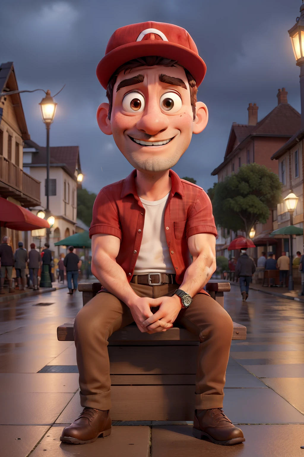 a man sitting on a wooden bench in a square on a rainy night with a lamppost in the background ,com a pele parda,de bigode,de olhos castanhos escuros,orelhas pequenas,cabelo militar da cor preta,com camisa preta ,permuta Jens preta, red cap and a red watch