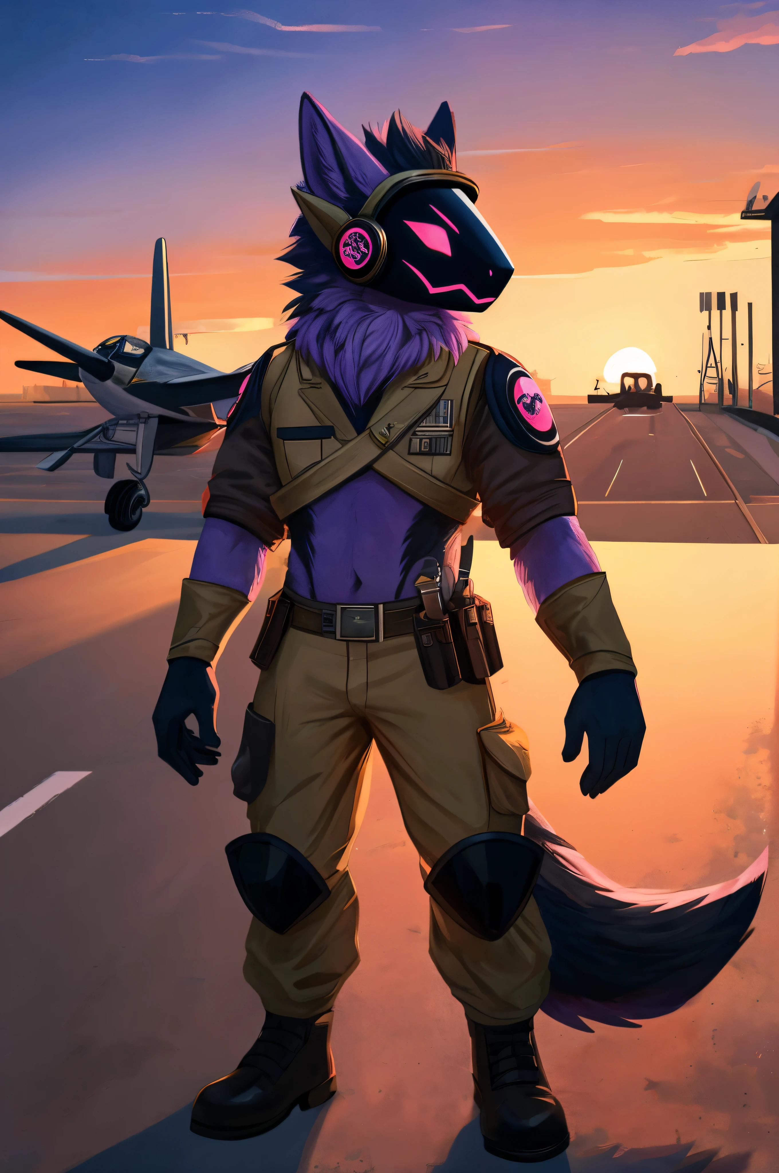Protogen, furry art, masterpiece, great anatomy, black fur, neon purple details, detailed background, world war 2, sunset, fluffy tail, male, wearing an aviator outfit (except helmet), solo, holding an aviator helmet with right arm, runway, old world war 2 planes on the background