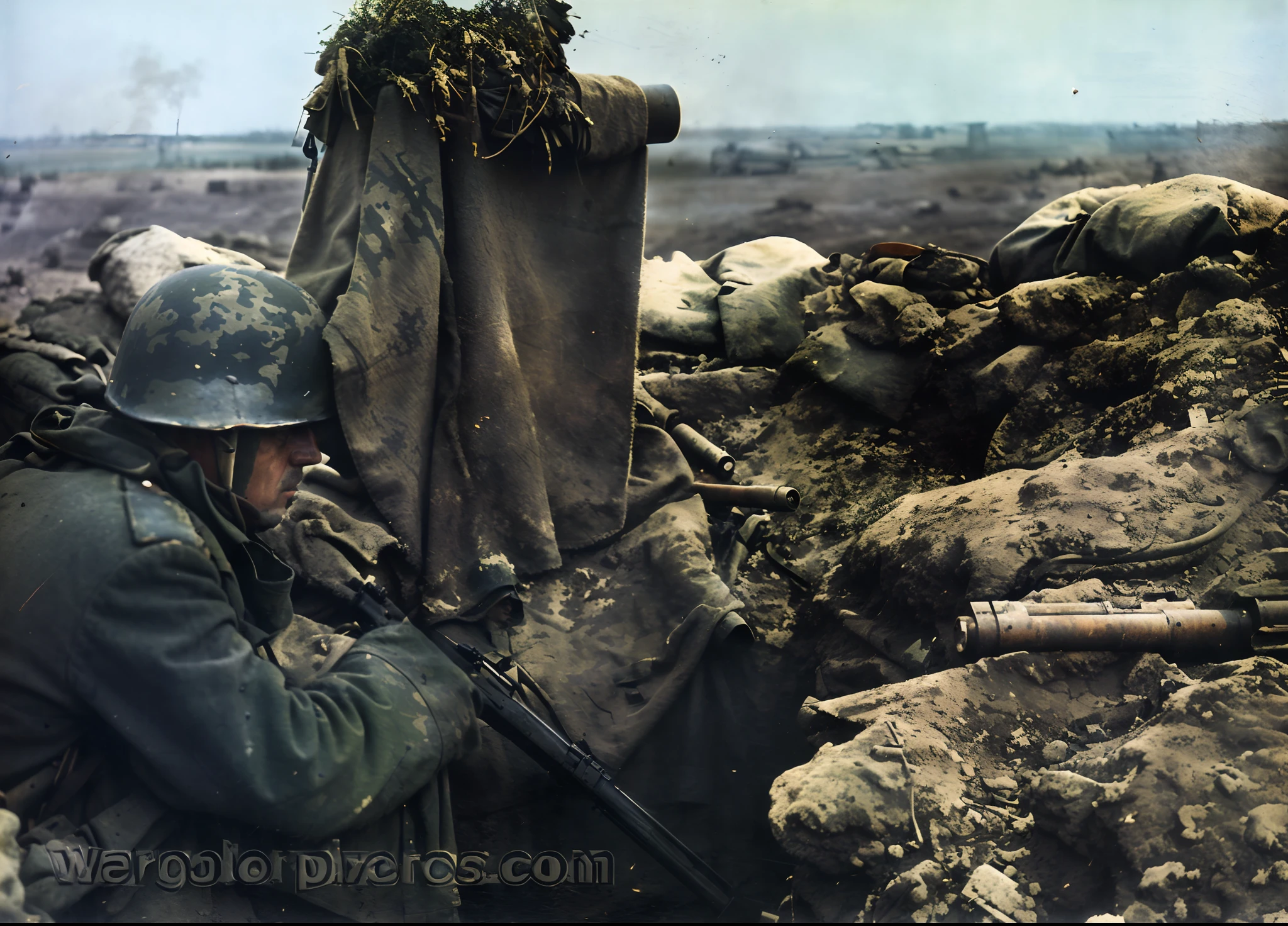 soldiers in camouflage with a machine gun and a blanket on their back, ww 2 historical photography, ww2 historical photography, war photo, war photography, ww2 historical photo, soldier under heavy fire, scene with machine gun, ww2 photo, under artillery fire, award winning colorized photo, colourized, ww1 trench, german and soviet soldiers, in trenches