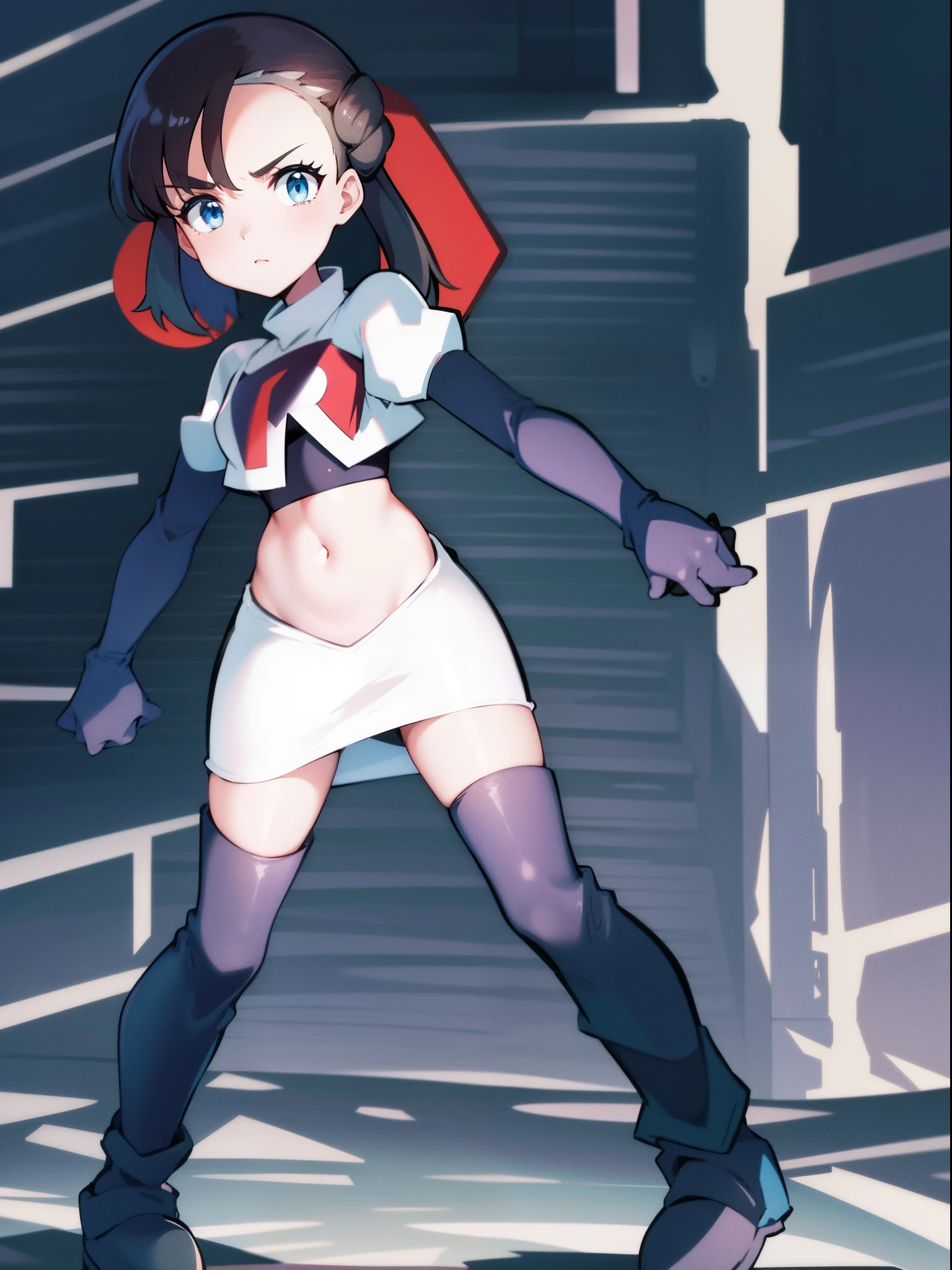 pokemonmarnie,team rocket,team rocket uniform,white skirt,crop top,black thigh-high boots,black elbow gloves,