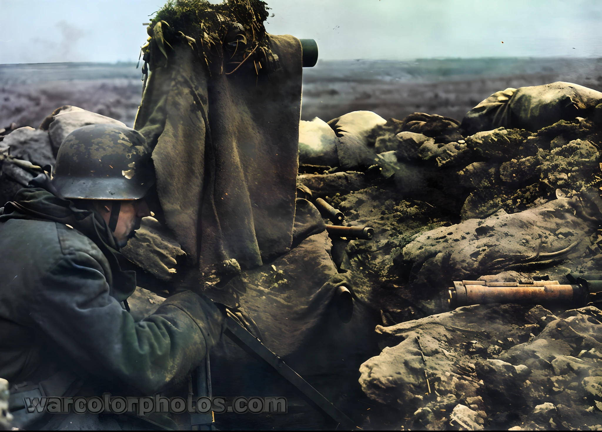 soldiers in camouflage with a machine gun and a blanket on their back, ww 2 historical photography, ww2 historical photography, war photo, war photography, ww2 historical photo, soldier under heavy fire, scene with machine gun, ww2 photo, under artillery fire, award winning colorized photo, colourized, ww1 trench, german and soviet soldiers, in trenches
