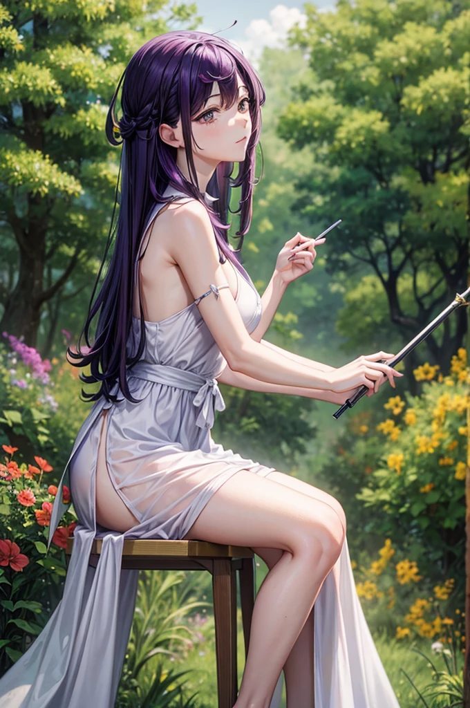 nsfw.hem of a long dress lift:1. A picture. There are one woman and three middle-aged men. A cute woman holds a 1.5 meter magic wand made out of wood in both hands. She has a round face. Her height is 170cm and BMI is 25. Her hair is purple. Her hair is long with straight bangs. She has normal breasts. She is sitting in a wood chair in the woods. She is wearing a white long summer dress.(masterpiece, best quality), She has a round face. Her height is 161cm Her hair is purple. Her hair is long with straight bangs. She has normal breasts. She is standing. She wears long black coat over a long white plain dress.