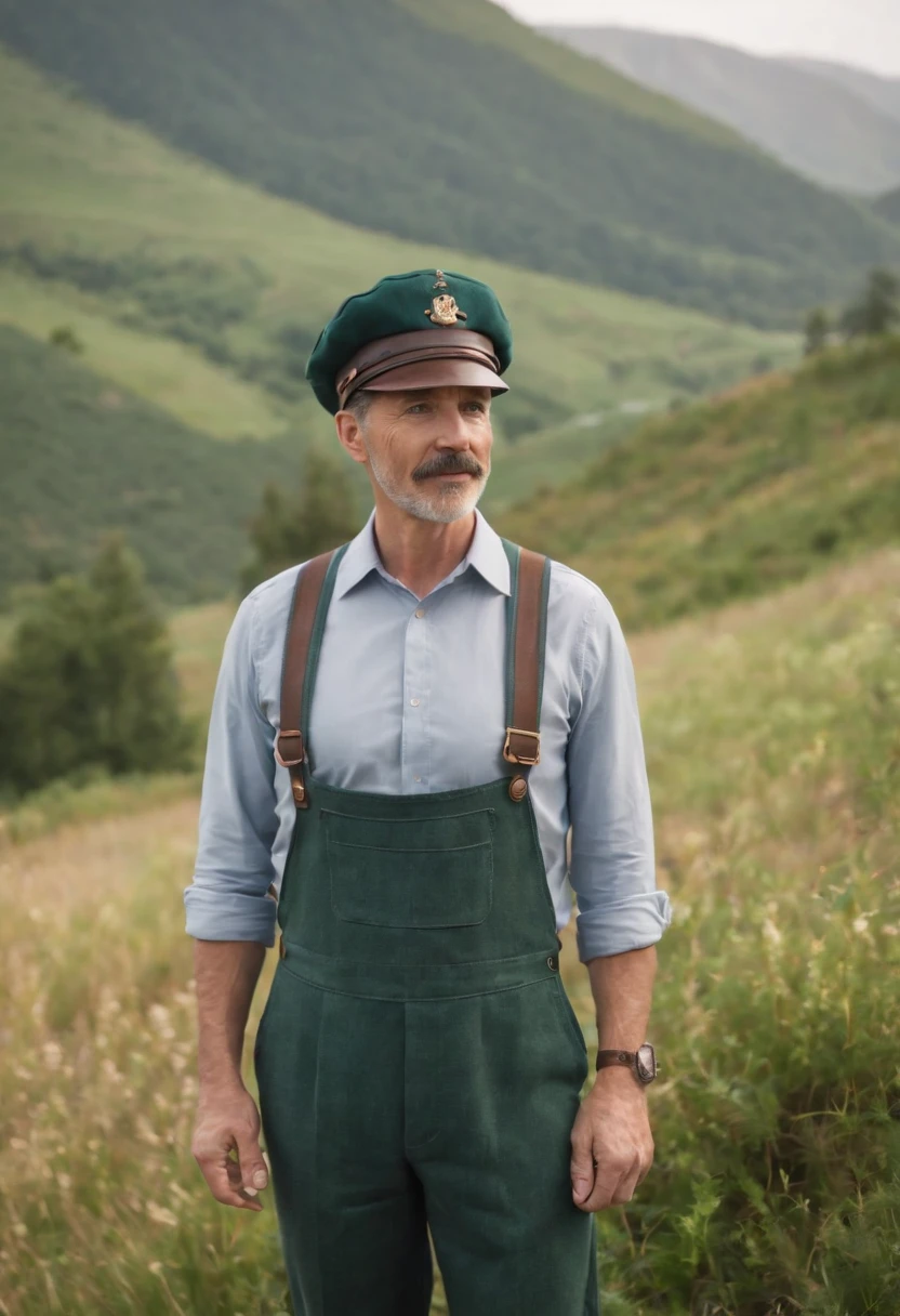 A photo of Mayor Lewis and Marnie standing together at the edge of a scenic cliff overlooking Stardew Valley.,Stardew Valley,He wears a tan newsboy cap. He is old and has a big grey mustache. He is a white man. He wears a green button up top with a yellow necktie. He wears brown suspenders and brown pants.