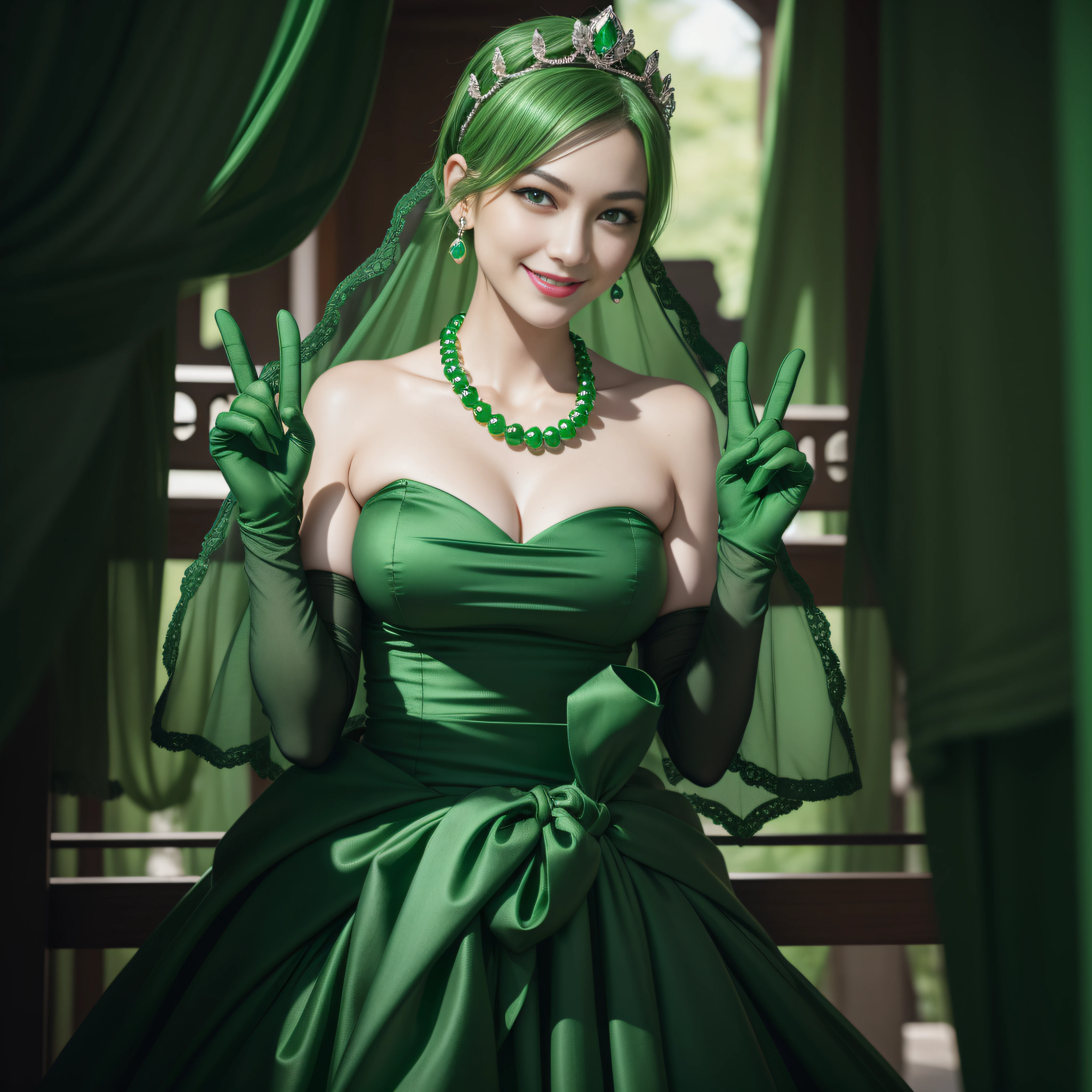 emerald tiara, Green Pearl Necklace, Boyish very short green hair, lipsticks, Japan woman smiling, very short short hair, big breasts beautiful, Green eyes, Long green gloves made of satin material, Green eyes, Emerald Earrings, green vale, v sign