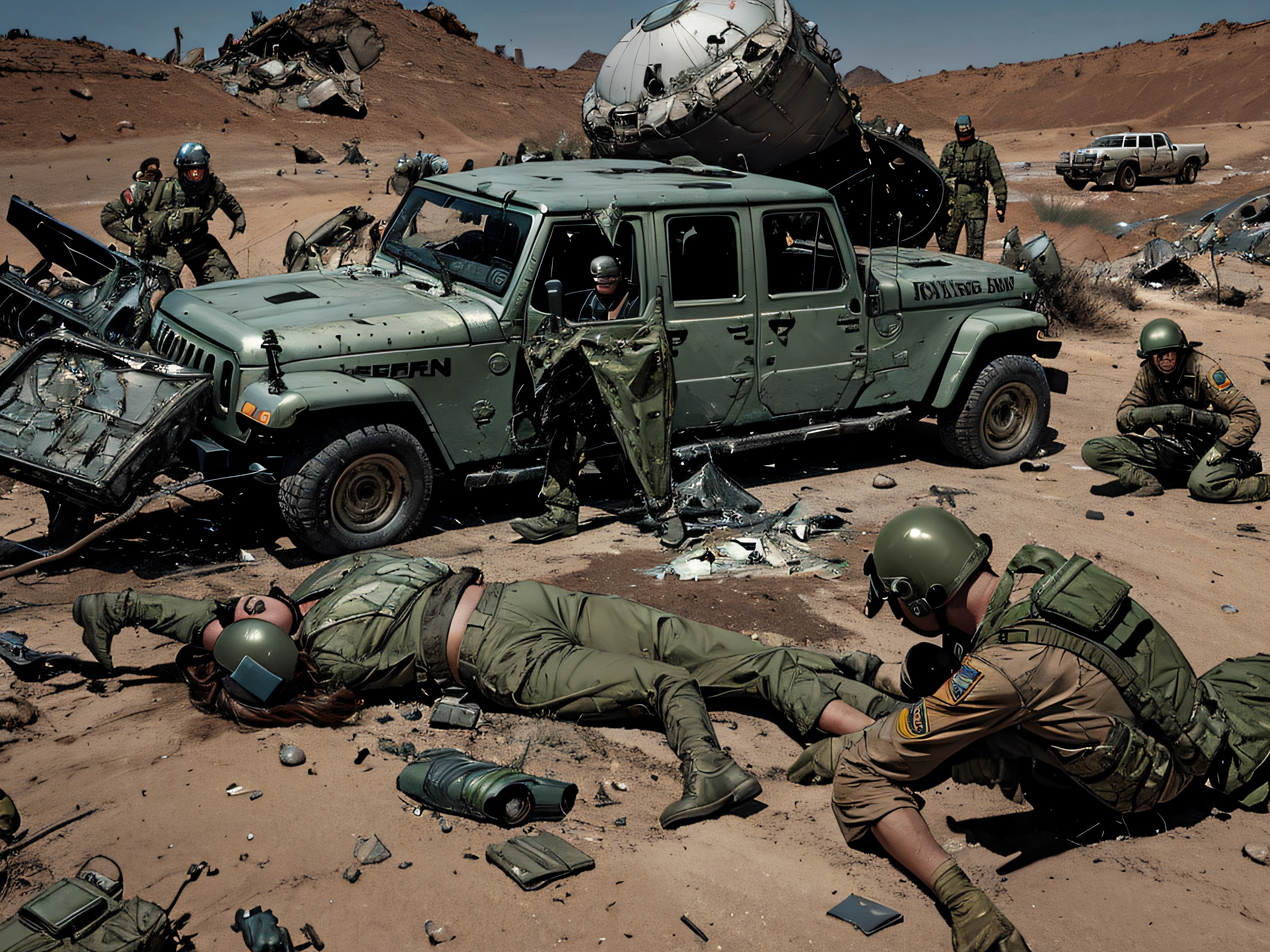 a flying saucer crash on the side of a hill with Debris  all over the crash site, Alien bodies on the floor with American soldiers on jeeps on the background
