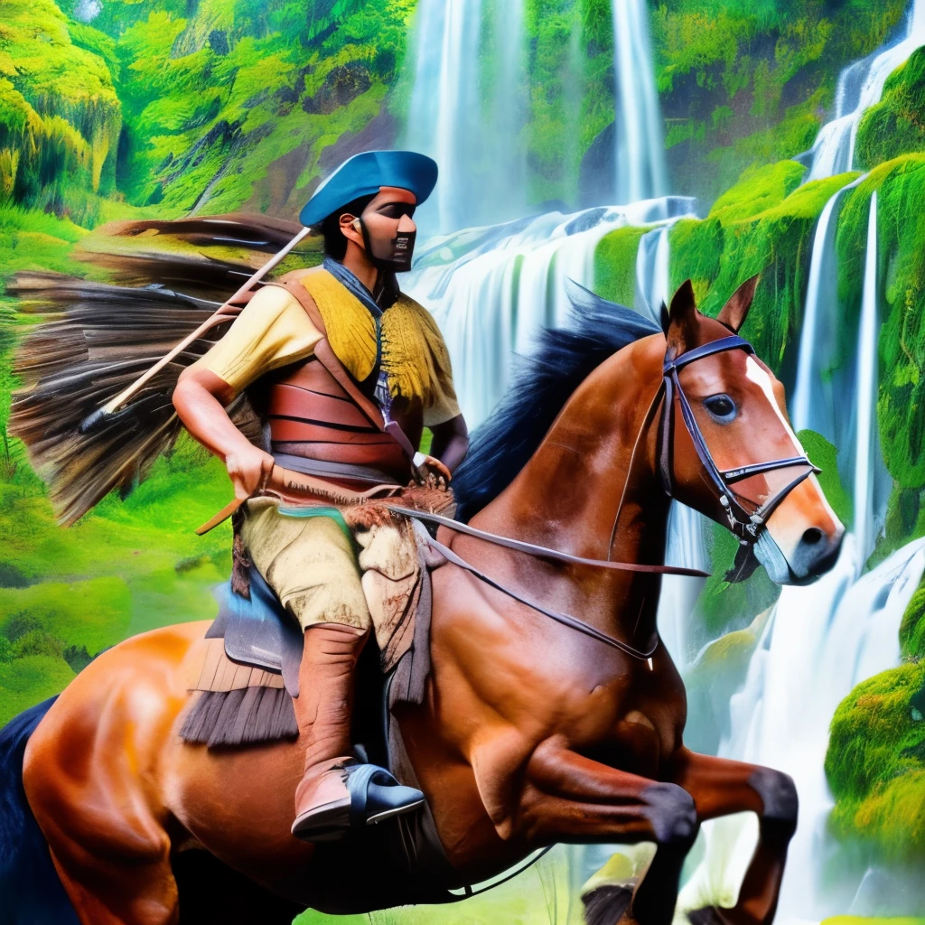 a native south american riding a horse with a bow, waterfall landscape, photorealistic, wood, green, florest, amazon, ultra detailed, highly detailed and intricate --auto --s2