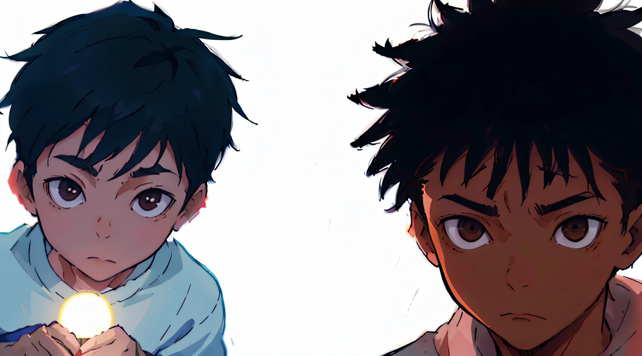 anime characters with a flashlight in their hands, Arte Oficial, Estilo anime de Will Smith, Akehiko Inoue e Ross Tran, Nick Silva e Ilya Kuvshinov, medium shot of two characters, Krenz Cushart e Asher Duran, No estilo de Sachin Teng, Banner, Rob Rey e Kentaro Miura Estilo, no aranhaverso, official illustration