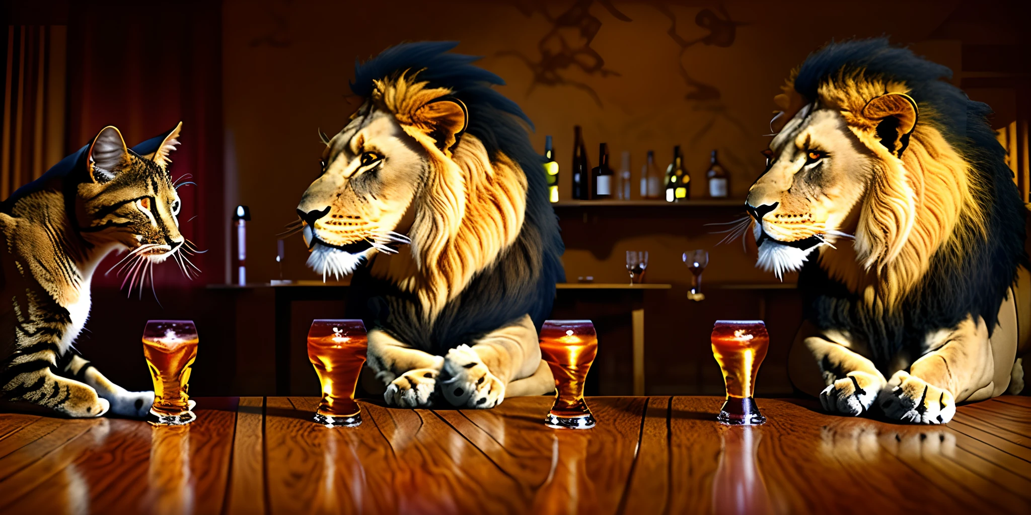 A lion and a cat are having a drinking game
