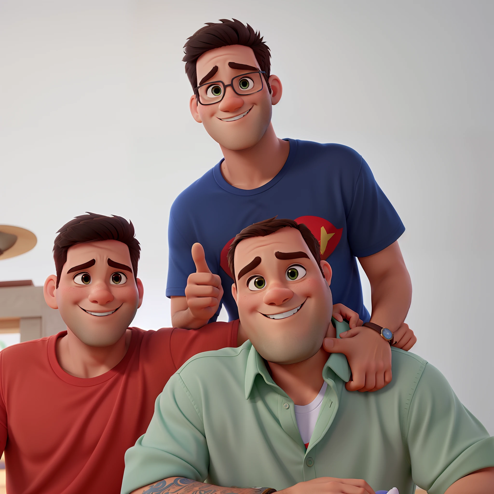 Um Pai e seus dois filhos estilo disney pixar, alta qualidade, melhor qualidade.