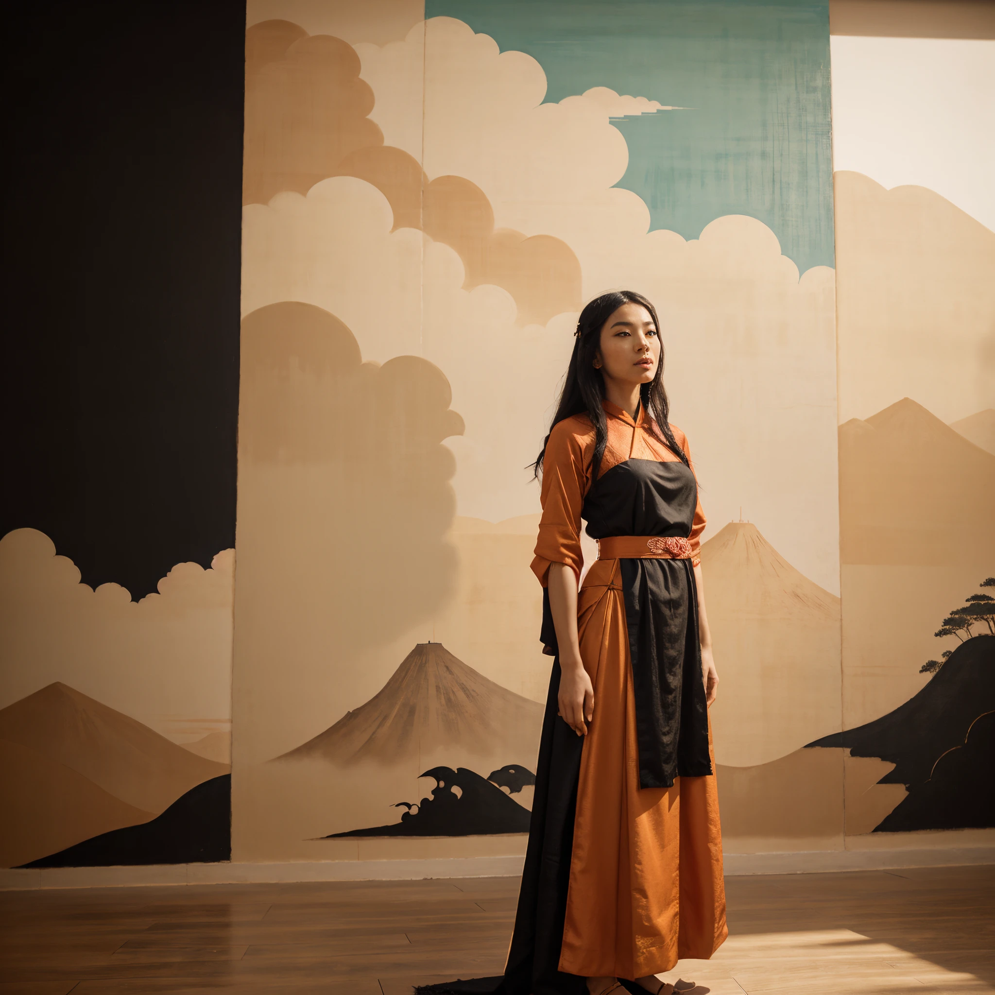 Minimalist Song dynasty mural by Alessandro Gottardo, Dream of Red clouds blended with beautiful black woman dressed in Nubian clothes, majestic view filled with warmth and happiness,Heian period, Zen, dark orange and light beige style, enigmatic figures, elegant cityscape, historical painting, super fine detail, monumental mural,Fine brushwork style, new Chinese style, aesthetic conception, Eastern aesthetics, landscape painting