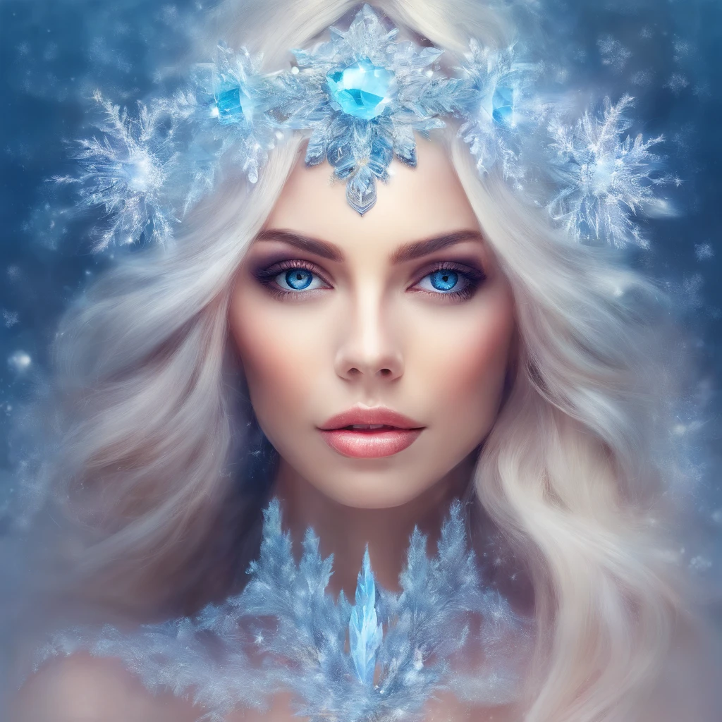 Portrait of a Young Woman, ice princess, with big ice crystals and snow in her hair, cool winter colors, ultra-offers HD quality