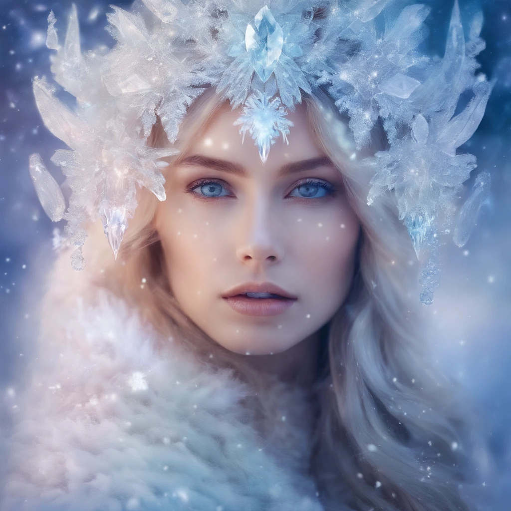 Portrait of a Young Woman, ice princess, with big ice crystals and snow in her hair, cool winter colors, ultra-offers HD quality