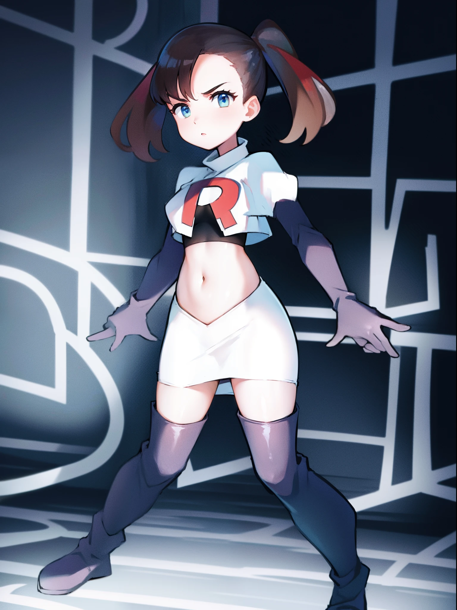 pokemonmarnie,team rocket,team rocket uniform,white skirt,crop top,black thigh-high boots,black elbow gloves,