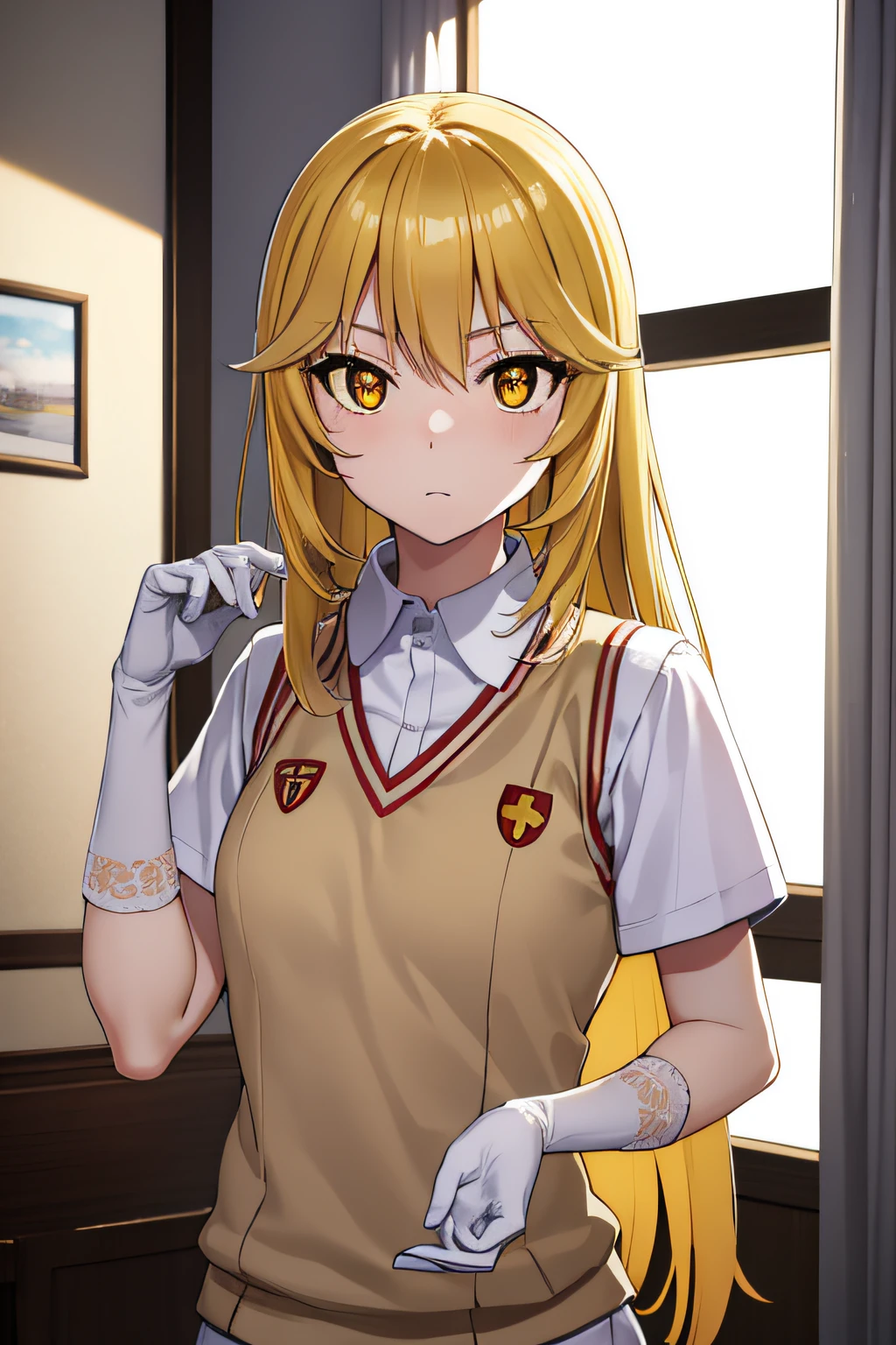 Misaki Shokuhou, Misaki Shokuhou, Blonde hair, hair between eye, Long hair, symbol-shaped pupils, (Yellow eyes:1.5)
Break Elbow Gloves, gloves, School uniform, Short sleeves, Summer uniform, Sweater Vest, Tokiwadai School Uniform, White Gloves,,
Break indoors, crass room,
BREAK looking at viewer, 
BREAK (masutepiece:1.2), Best Quality, High resolution, Unity 8k壁纸, (Illustration:0.8), (Beautiful detailed eyes:1.6), extra detailed face, Perfect Lighting, extremely details CG, (Perfect hands, Perfect Anatomy),