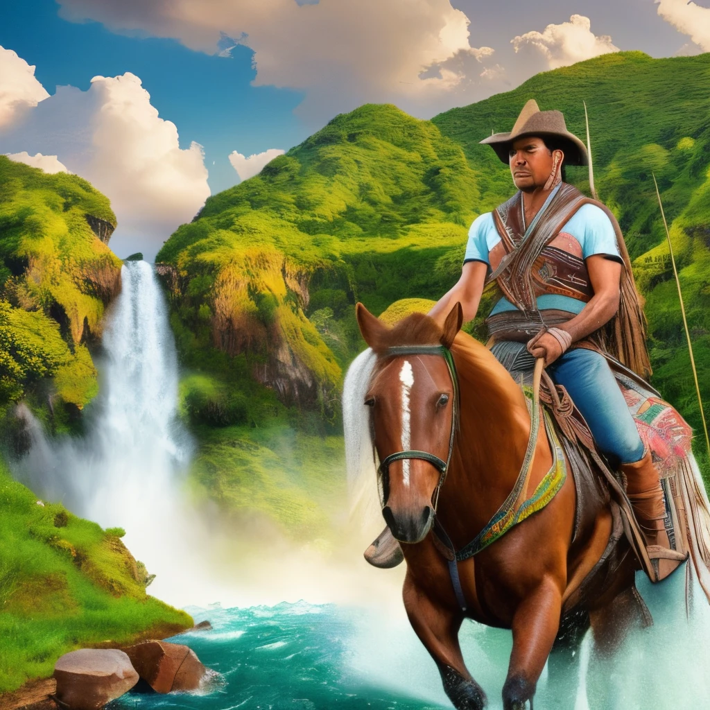 a native south american riding a horse with a bow, waterfall landscape, photorealistic, wood, green, florest, amazon, ultra detailed, highly detailed and intricate --auto --s2