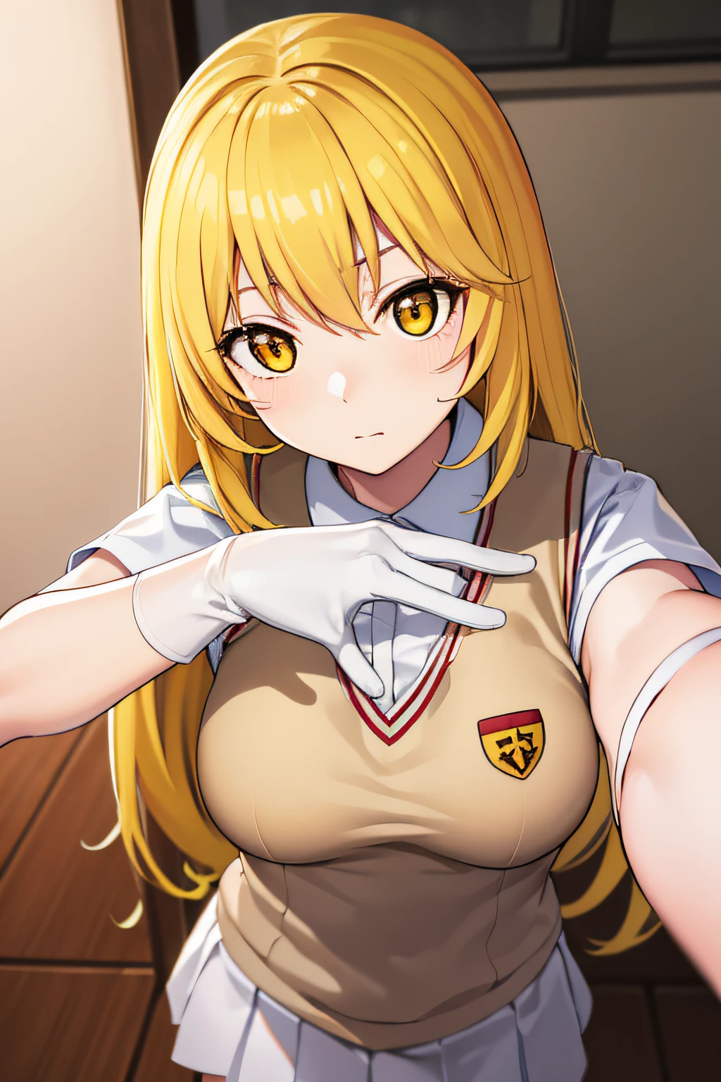 Misaki Shokuhou, Misaki Shokuhou, Blonde hair, hair between eye, Long hair, symbol-shaped pupils, (Yellow eyes:1.5)
Break Elbow Gloves, gloves, School uniform, Short sleeves, Summer uniform, Sweater Vest, Tokiwadai School Uniform, White Gloves,,
Break indoors, crass room,
BREAK looking at viewer, 
BREAK (masutepiece:1.2), Best Quality, High resolution, Unity 8k壁纸, (Illustration:0.8), (Beautiful detailed eyes:1.6), extra detailed face, Perfect Lighting, extremely details CG, (Perfect hands, Perfect Anatomy),