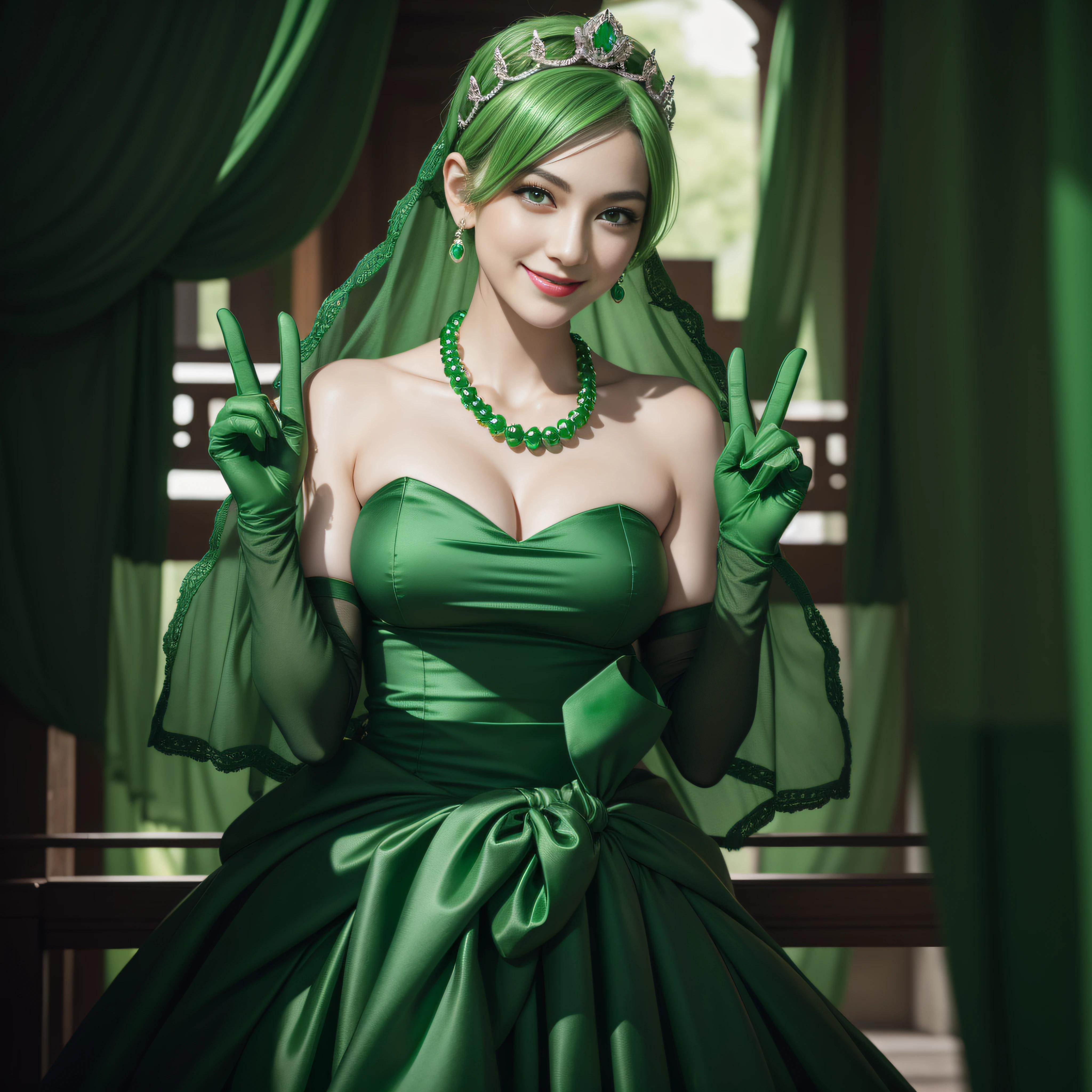 emerald tiara, Green Pearl Necklace, Boyish very short green hair, lipsticks, Japan woman smiling, very short short hair, big breasts beautiful, Green eyes, Long green gloves made of satin material, Green eyes, Emerald Earrings, green vale, v sign